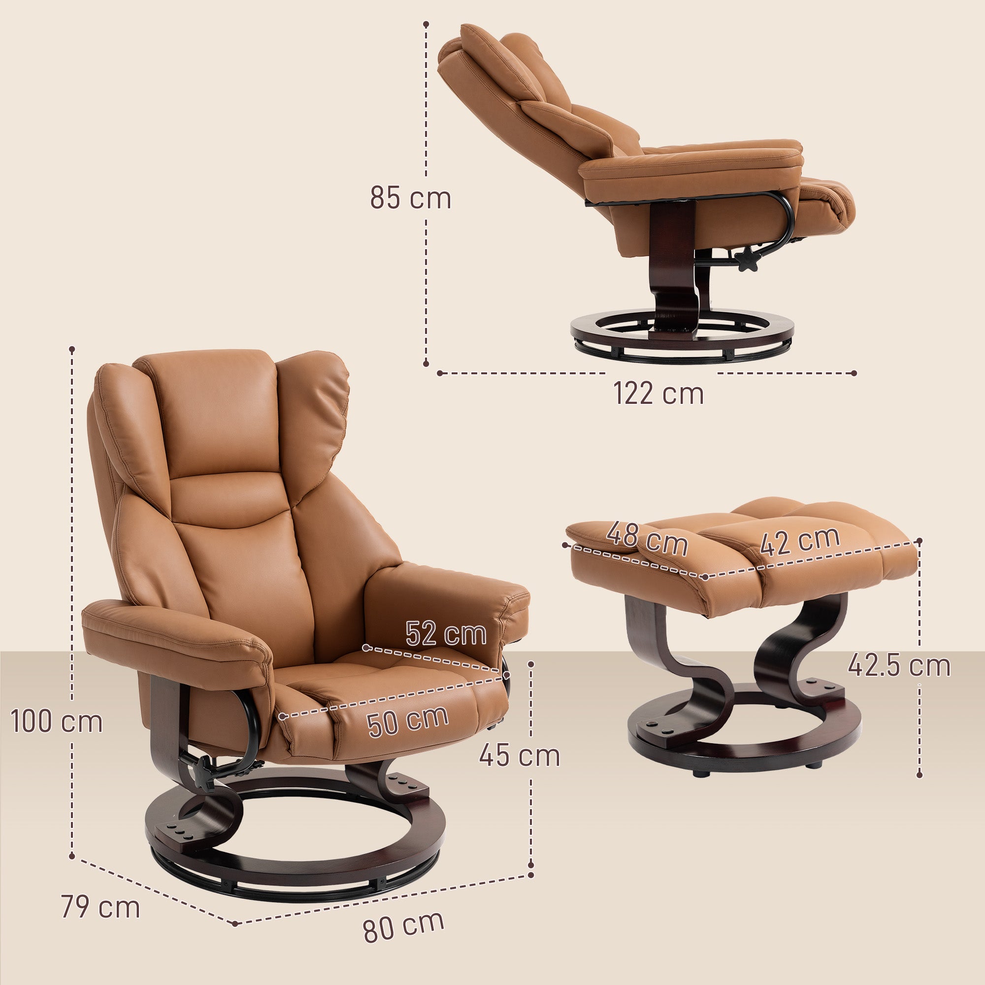 360° Swivel Recliner Chair with Footstool, PU Leather Manual Recliner Armchair with Footstool, Solid Wood Base, Upholstered Reclining Chair for Living Room, Bedroom, Office, Brown