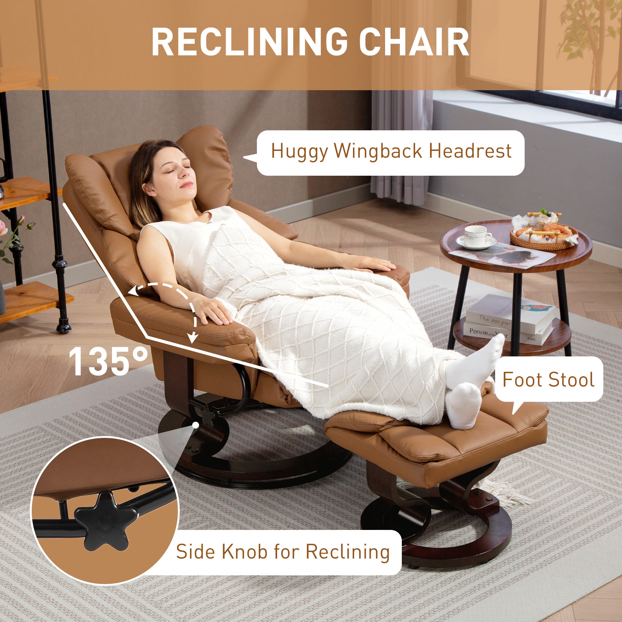 360° Swivel Recliner Chair with Footstool, PU Leather Manual Recliner Armchair with Footstool, Solid Wood Base, Upholstered Reclining Chair for Living Room, Bedroom, Office, Brown