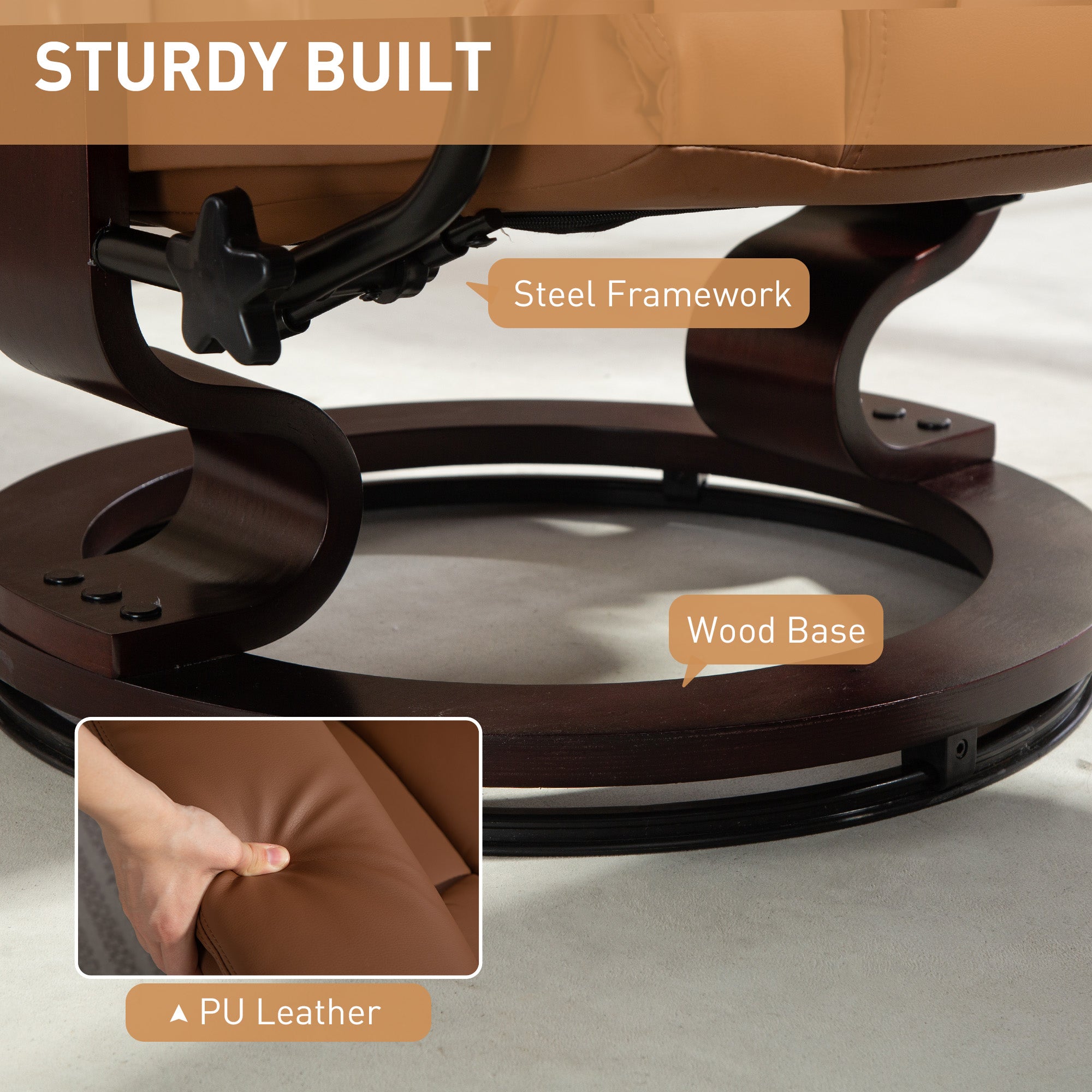 360° Swivel Recliner Chair with Footstool, PU Leather Manual Recliner Armchair with Footstool, Solid Wood Base, Upholstered Reclining Chair for Living Room, Bedroom, Office, Brown