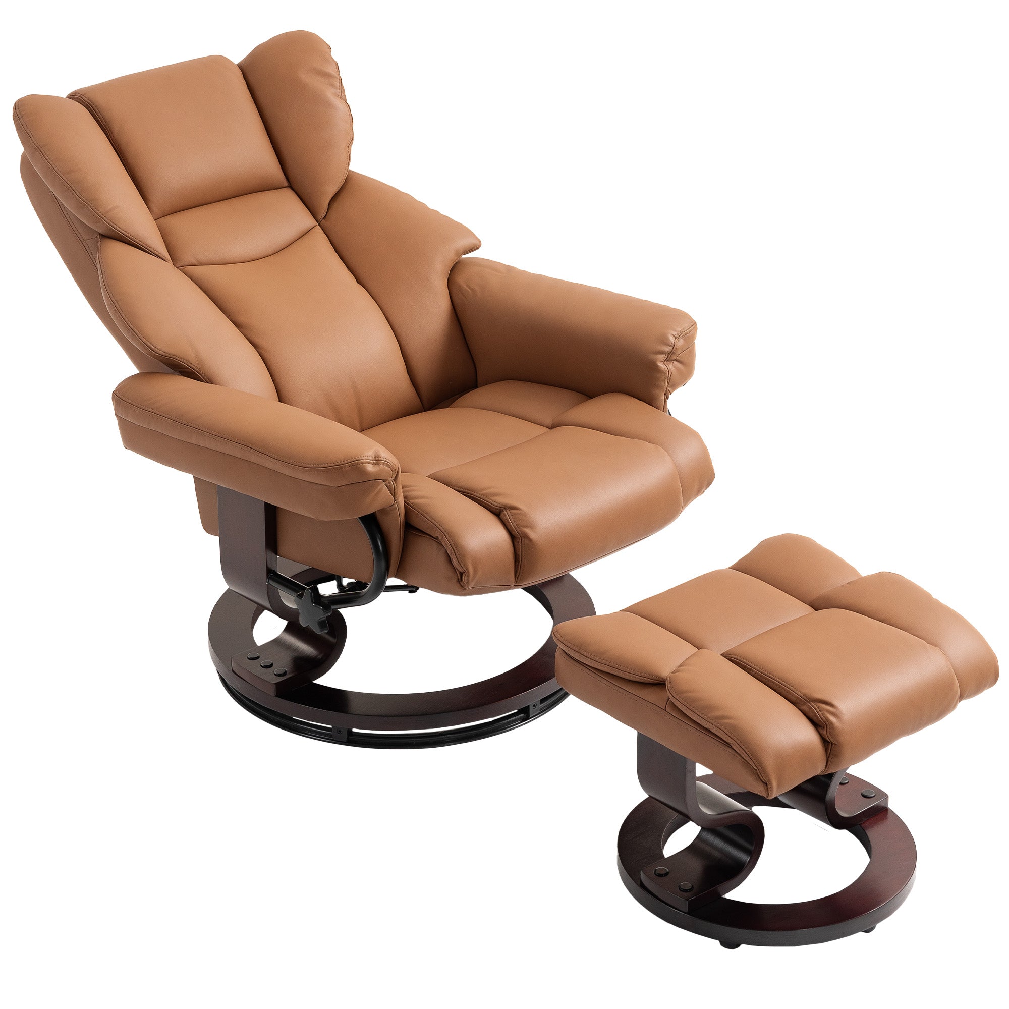 360° Swivel Recliner Chair with Footstool, PU Leather Manual Recliner Armchair with Footstool, Solid Wood Base, Upholstered Reclining Chair for Living Room, Bedroom, Office, Brown