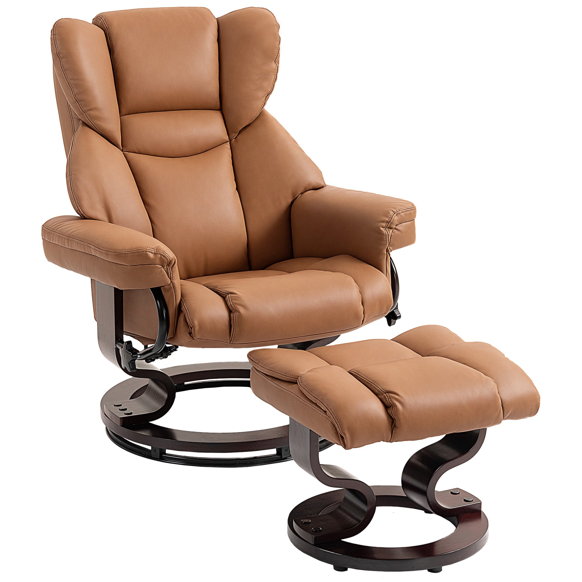 360° Swivel Recliner Chair with Footstool, PU Leather Manual Recliner Armchair with Footstool, Solid Wood Base, Upholstered Reclining Chair for Living Room, Bedroom, Office, Brown