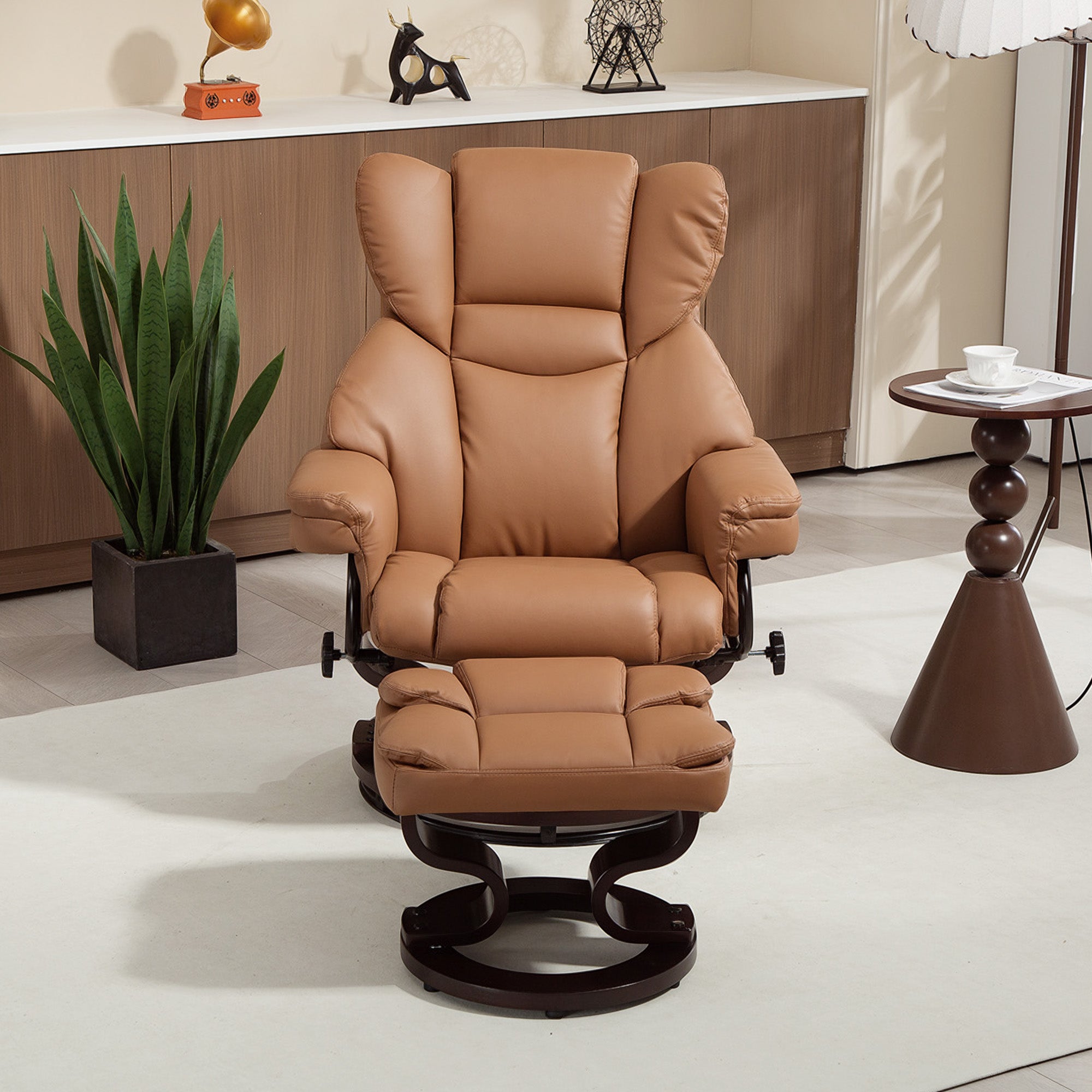 360° Swivel Recliner Chair with Footstool, PU Leather Manual Recliner Armchair with Footstool, Solid Wood Base, Upholstered Reclining Chair for Living Room, Bedroom, Office, Brown