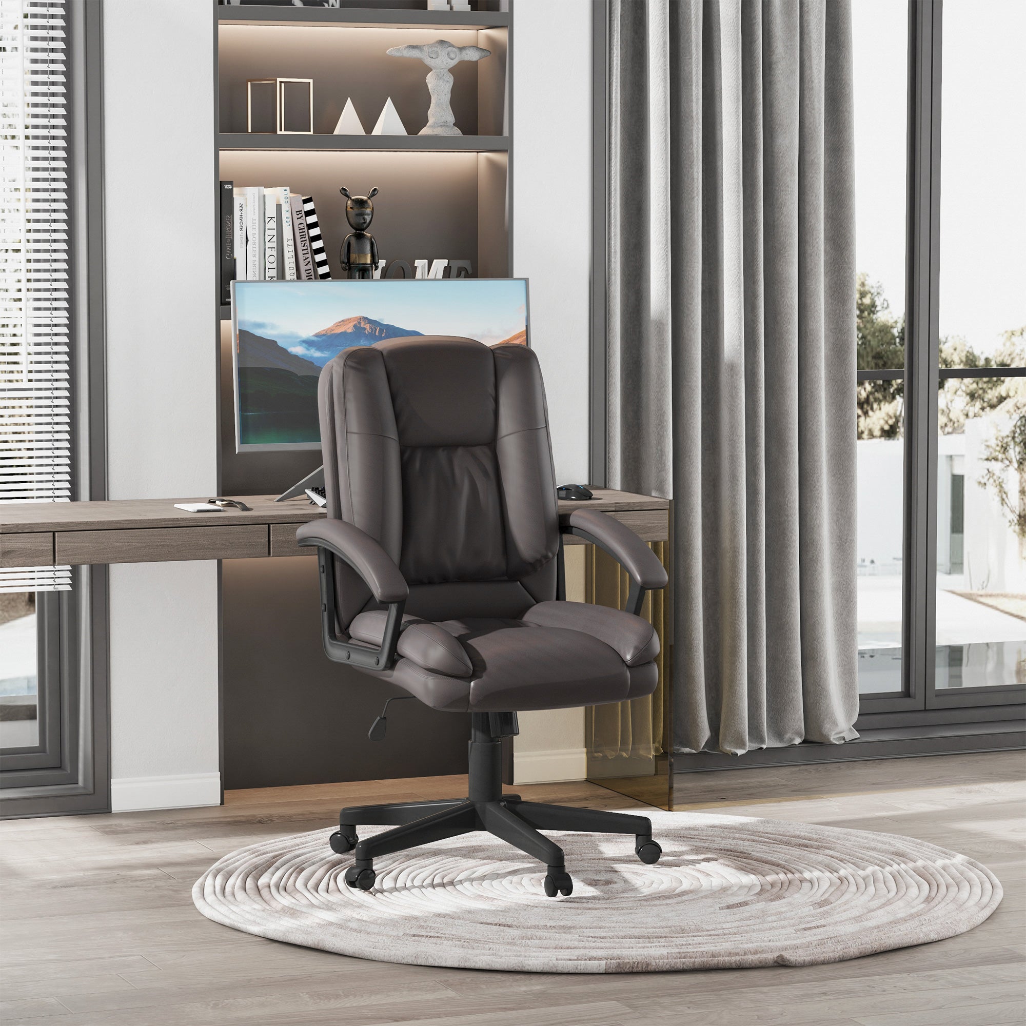 HOMCOM Office Chair, Faux Leather Computer Desk Chair, Mid Back Executive Chair with Adjustable Height and Swivel Rolling Wheels for Home Study, Brown