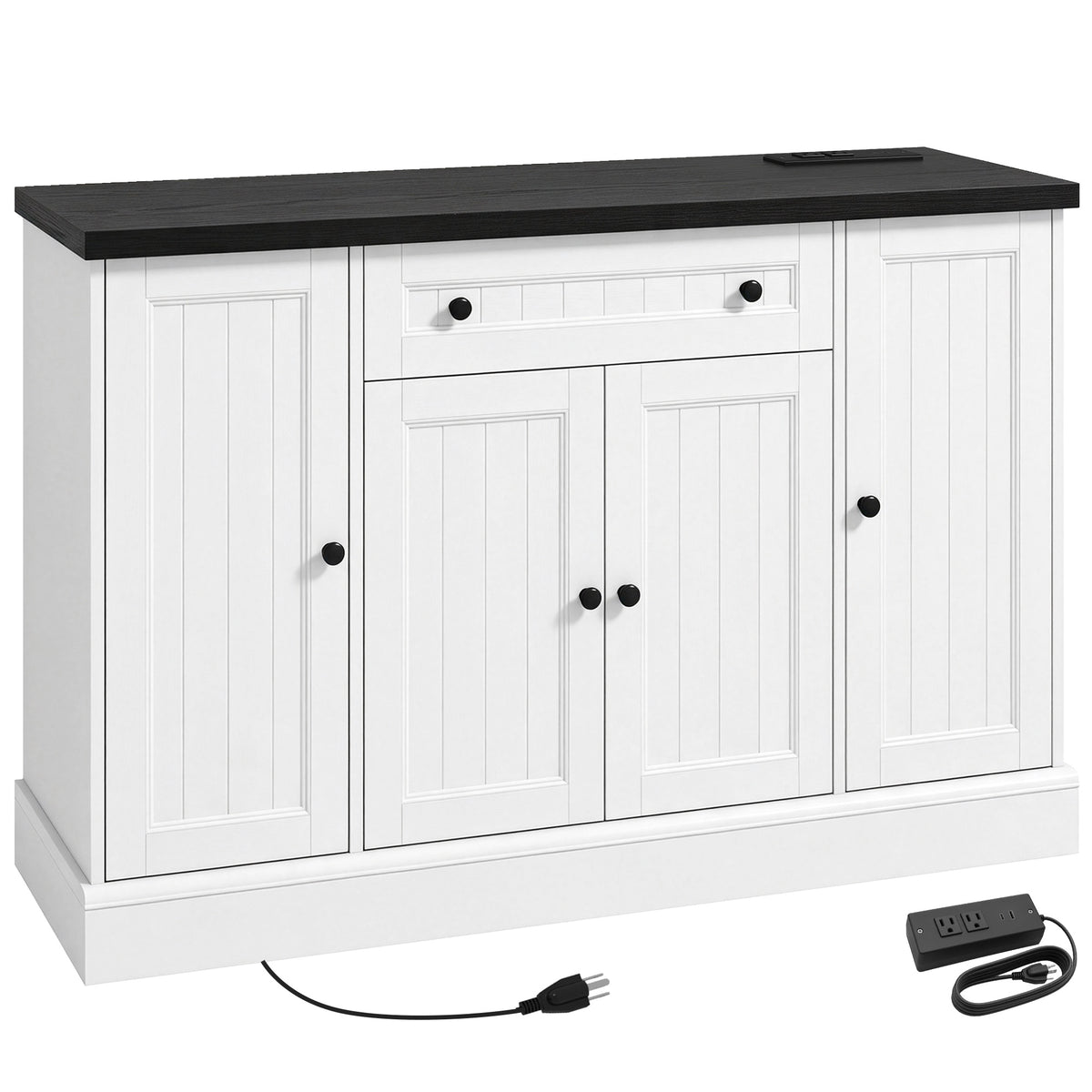 47" Farmhouse Sideboard Buffet Cabinet with Charging Station, Coffee Bar Cabinet with 3 Adjustable Shelves and 4 Doors, Kitchen Storage Cabinet with Drawer, White