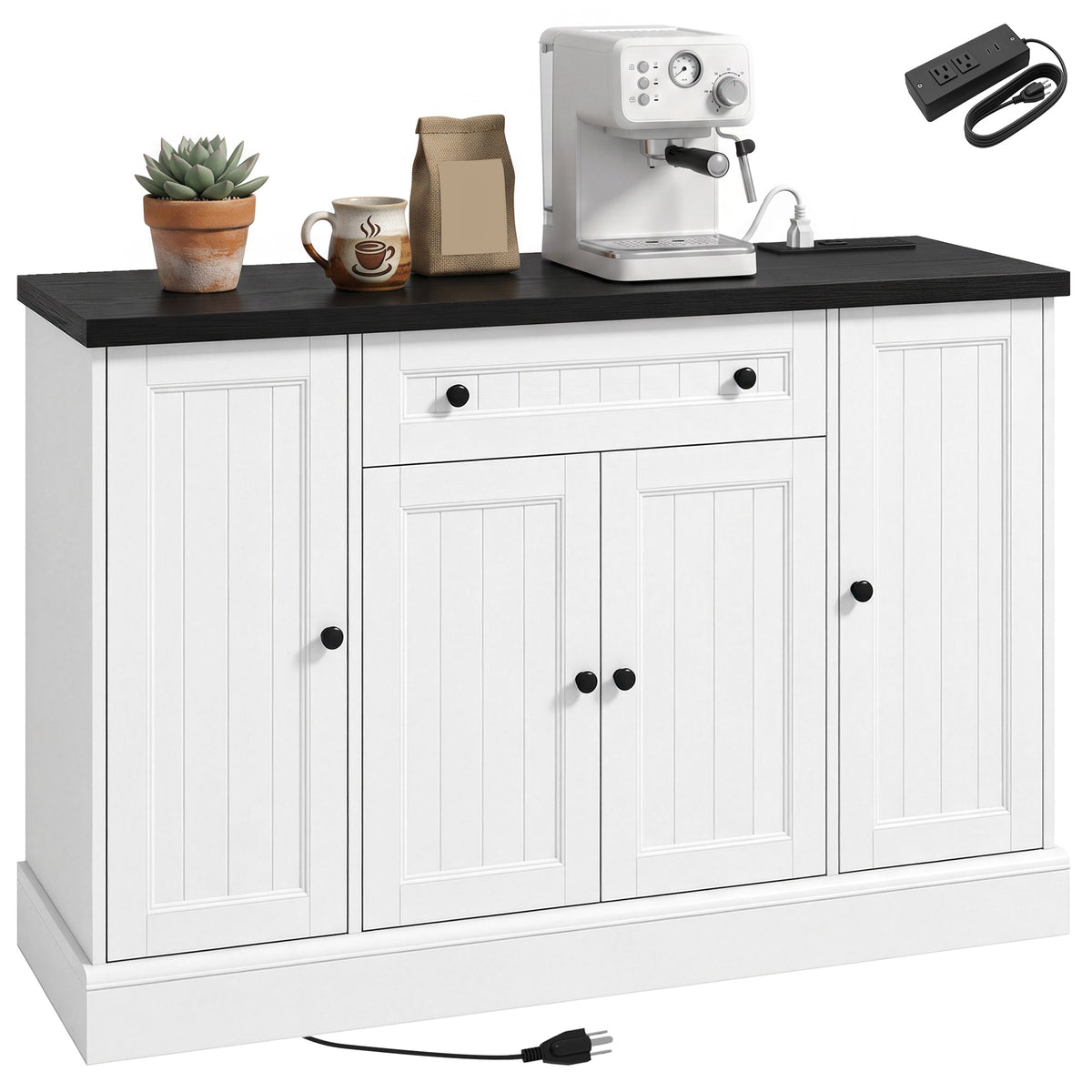 47" Farmhouse Sideboard Buffet Cabinet with Charging Station, Coffee Bar Cabinet with 3 Adjustable Shelves and 4 Doors, Kitchen Storage Cabinet with Drawer, White