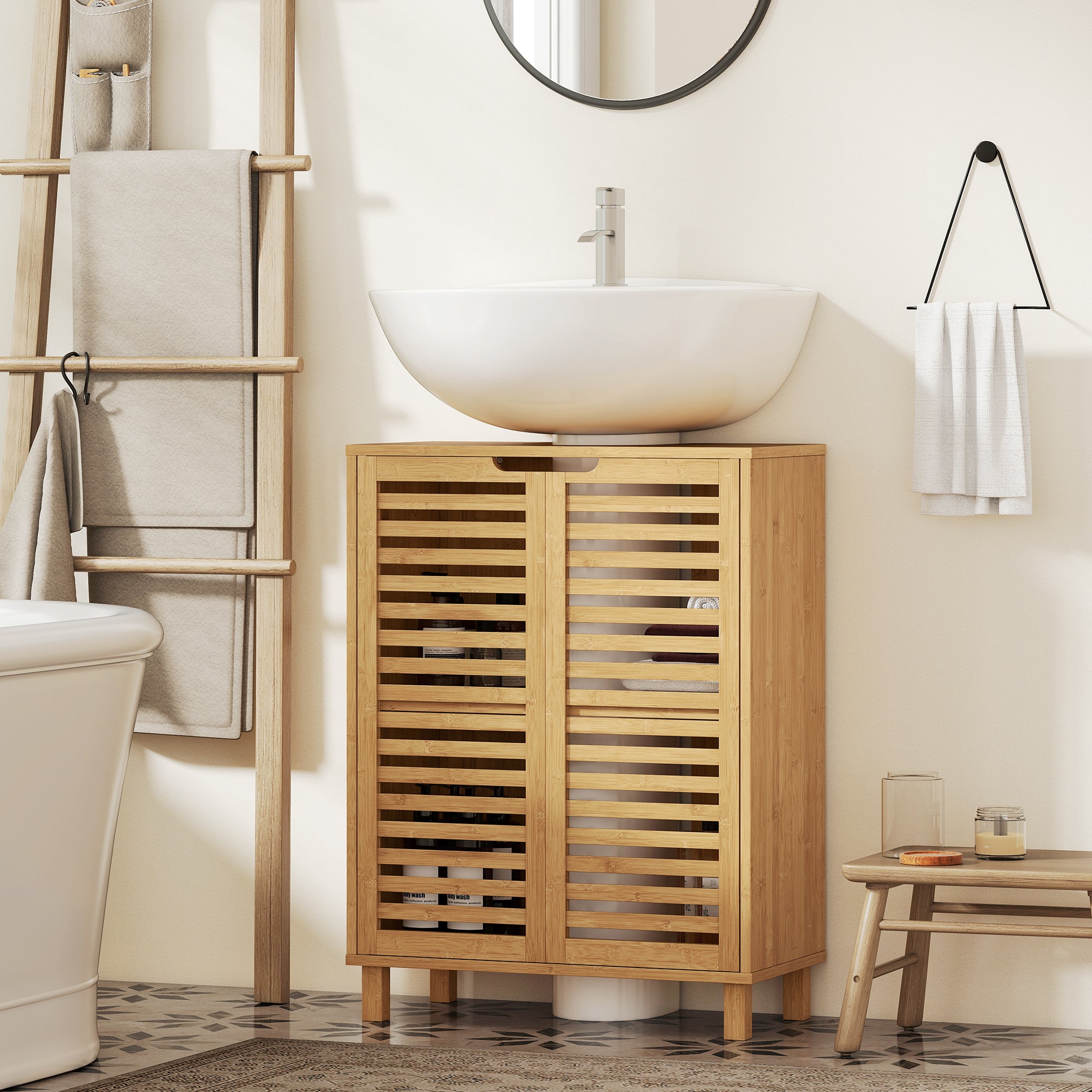 Under Sink Bathroom Cabinet, Freestanding Bamboo Under Sink Cabinet with Louvered Doors and Adjustable Shelf for Basin without or with Pedestal, Natural
