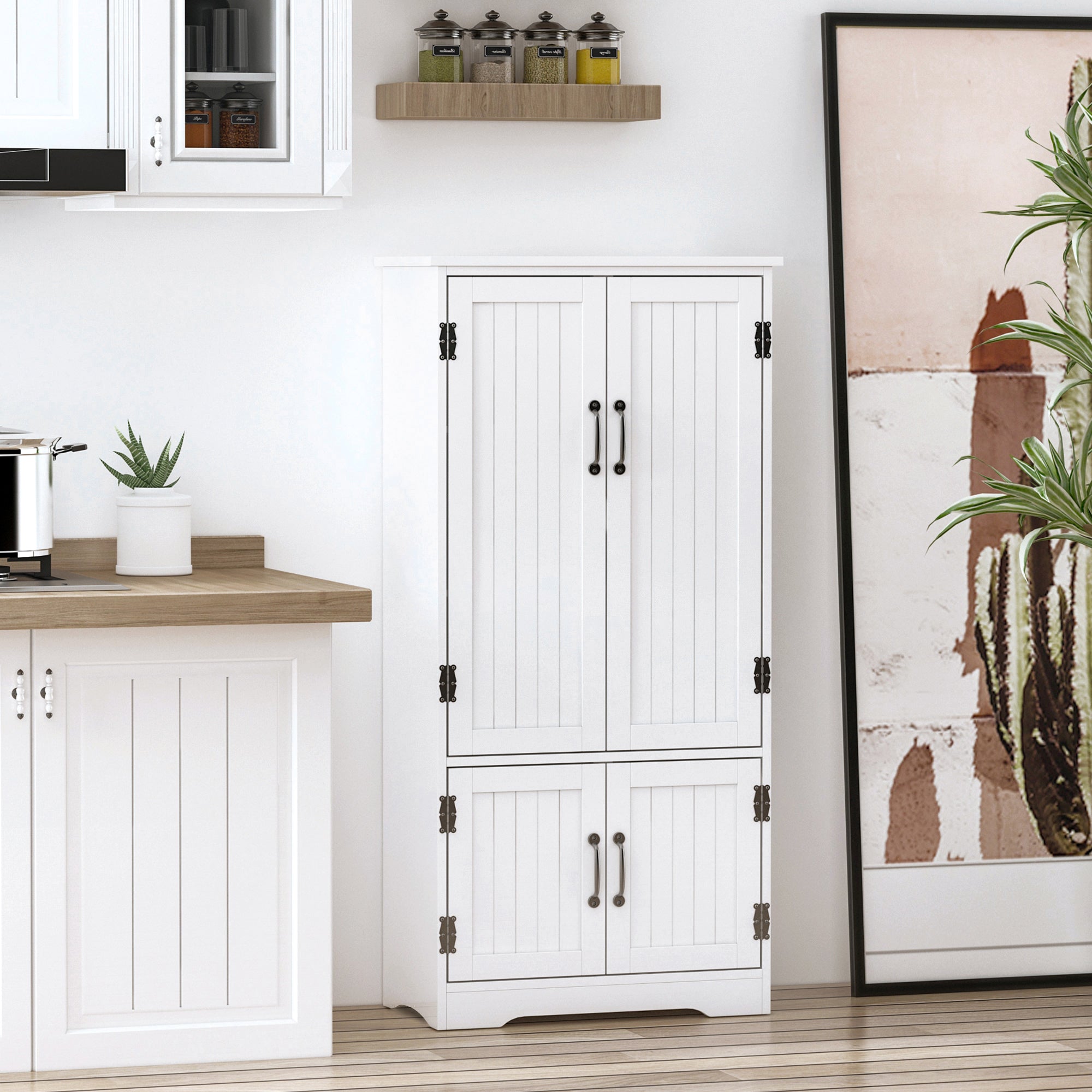 48.5" Floor Storage Cabinet, Kitchen Pantry w/ Adjustable Shelves & 2 Lower Doors, White
