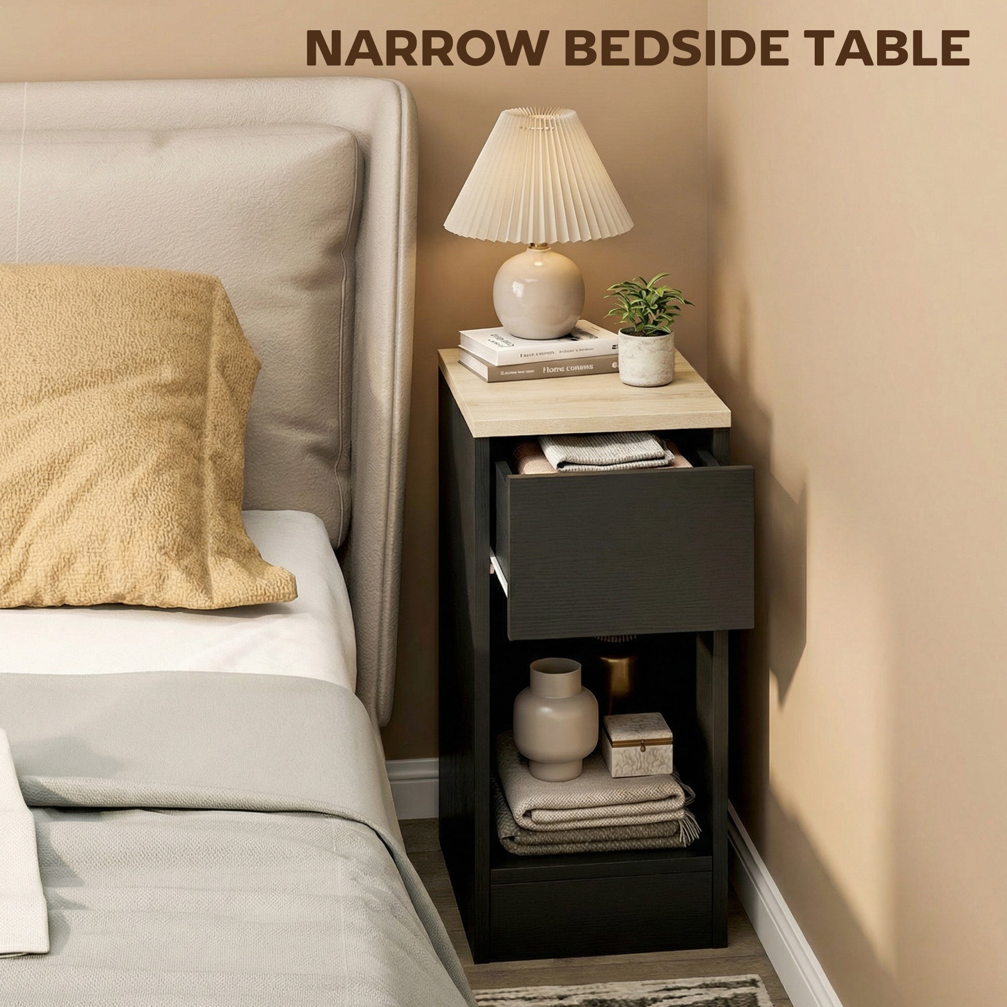 Bedside Tables Set of 2, Modern Side Tables with Drawer and Shelf, Nightstands for Bedroom, Living Room, Black
