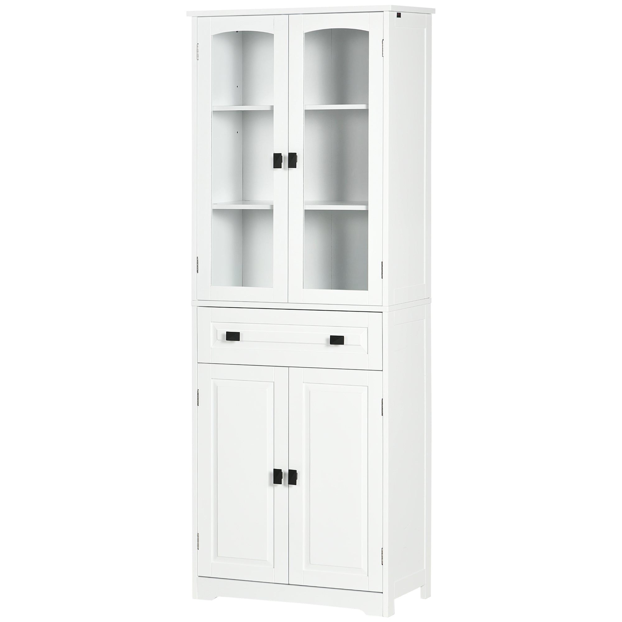 Kitchen Cupboard, Freestanding Storage Cabinet with 2 Adjustable Shelves, Drawer and Glass Door for Living Room, Dining Room, 160cm, White
