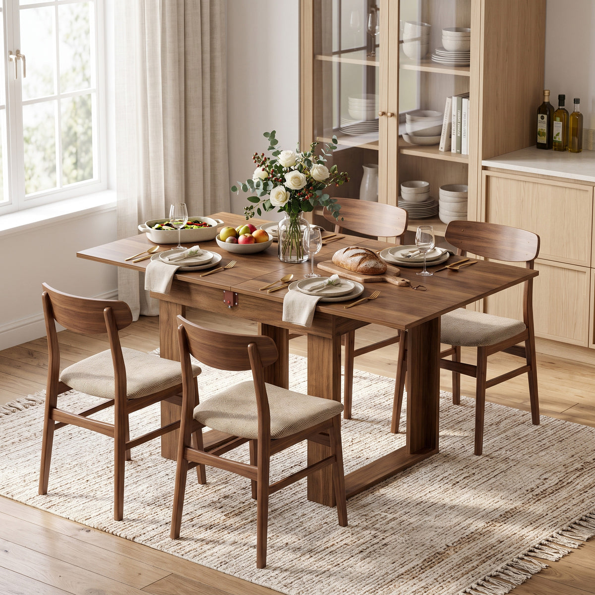 Folding Dining Table for 4 with Under-Table Storage, 70-140 cm Modern Extendable Kitchen Table with Steel Rail, Space-Saving for Kitchen, Dining Room, Grey Wood Effect