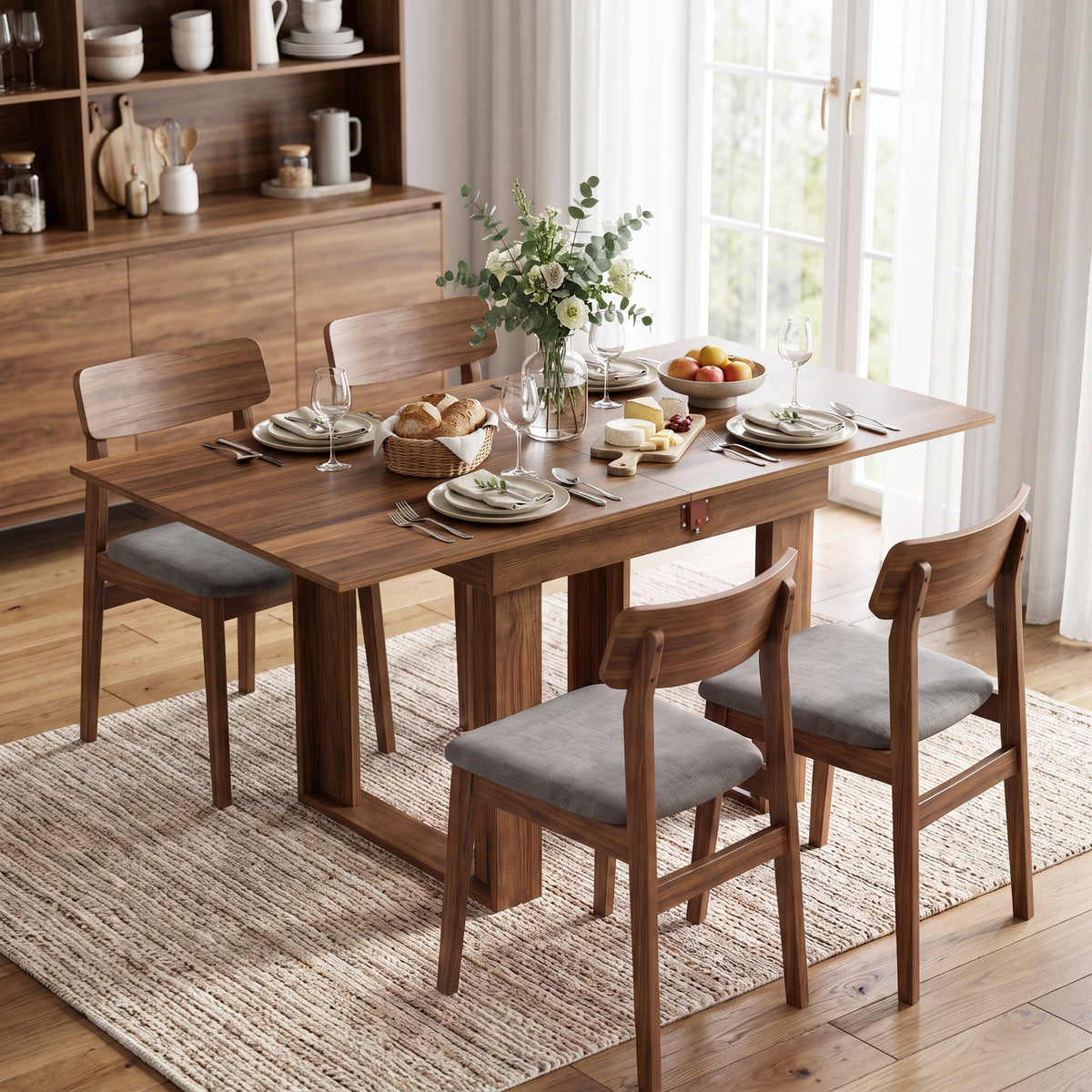 Folding Dining Table for 4 with Under-Table Storage, 70-140 cm Modern Extendable Kitchen Table with Steel Rail, Space-Saving for Kitchen, Dining Room, Grey Wood Effect