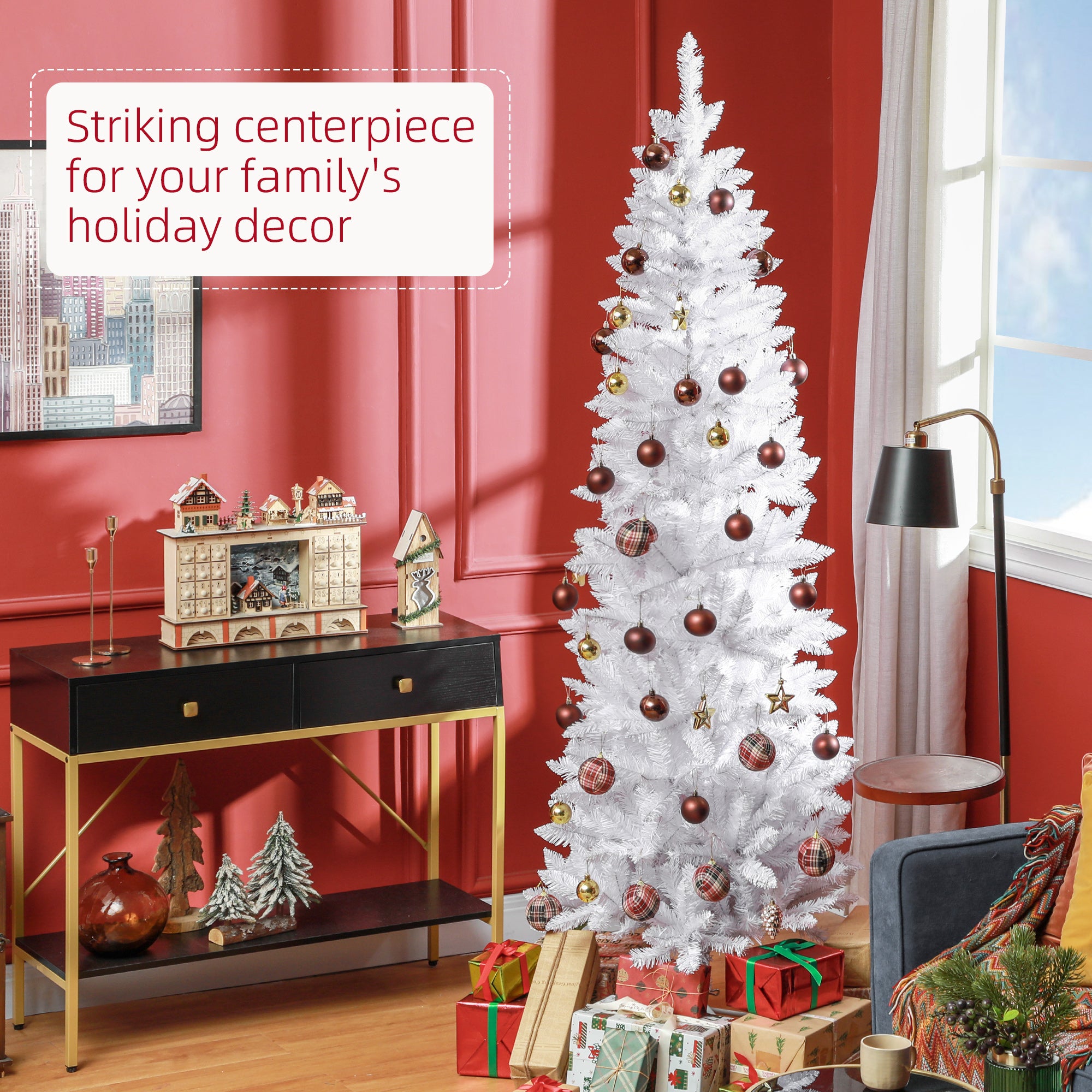 HOMCOM 7ft Tall Pencil Christmas Tree, Artificial Xmas Tree with 687 Branch Tips and Steel Base, Holiday Décor for Home Office, White