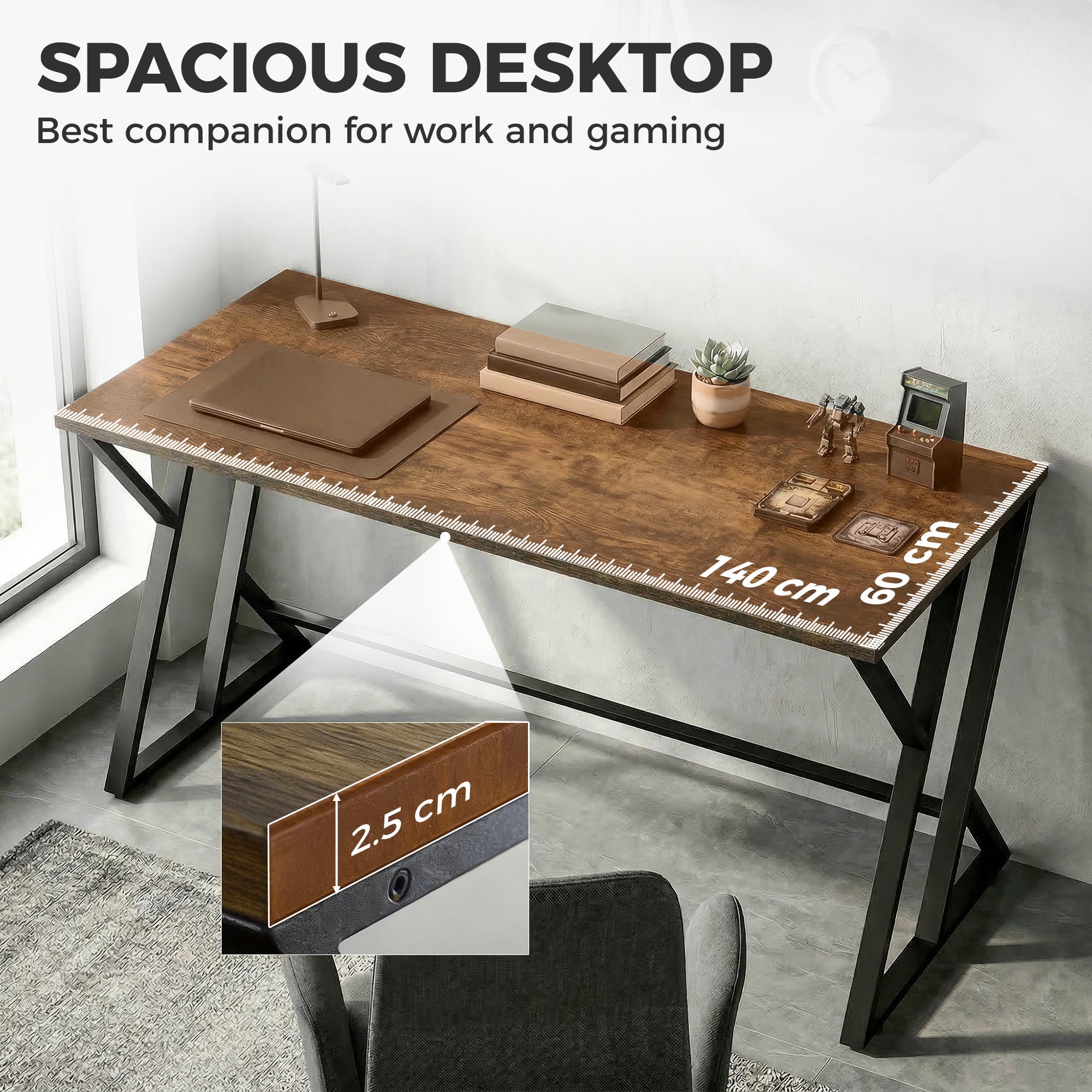 55 Inch Computer Desk, Industrial Writing Desk with Z-Shaped Metal Leg, Study Table for Home Office, Bedroom, Small Spaces, Rustic Brown