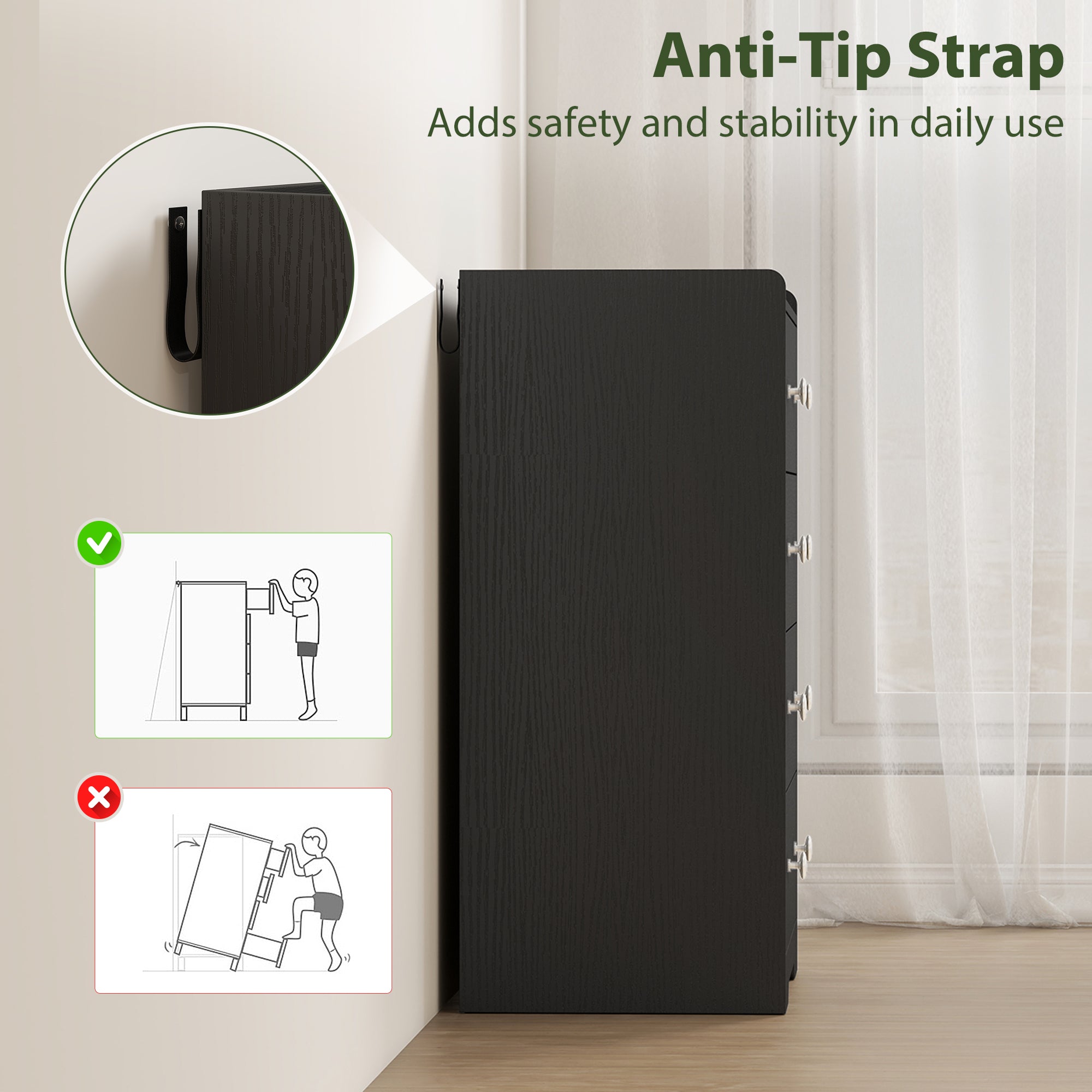 4 Drawer Chest of Drawers, Modern Dresser for Bedroom, Storage Cabinet for Living Room Entryway, Black Wood Effect