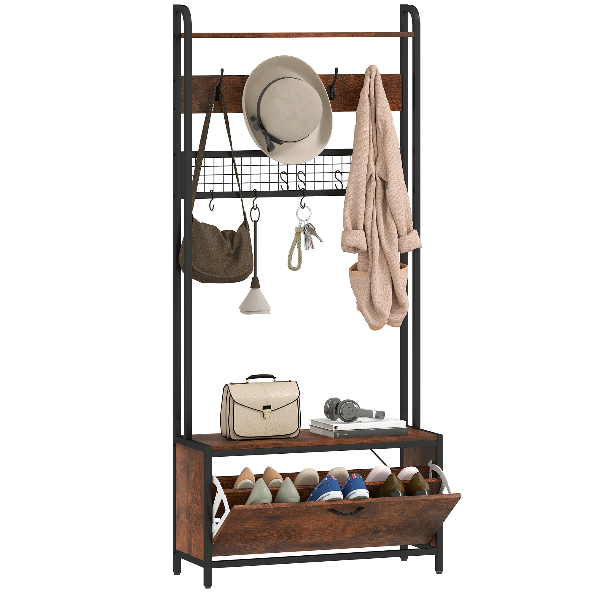 5-In-1 Hall Tree with Bench, Coat Rack, Industrial Entryway Bench with Shoe Cabinet, 10 Hooks, Coat Hanger Stand for Hallway, Living Room, Mud Room, Rustic Brown