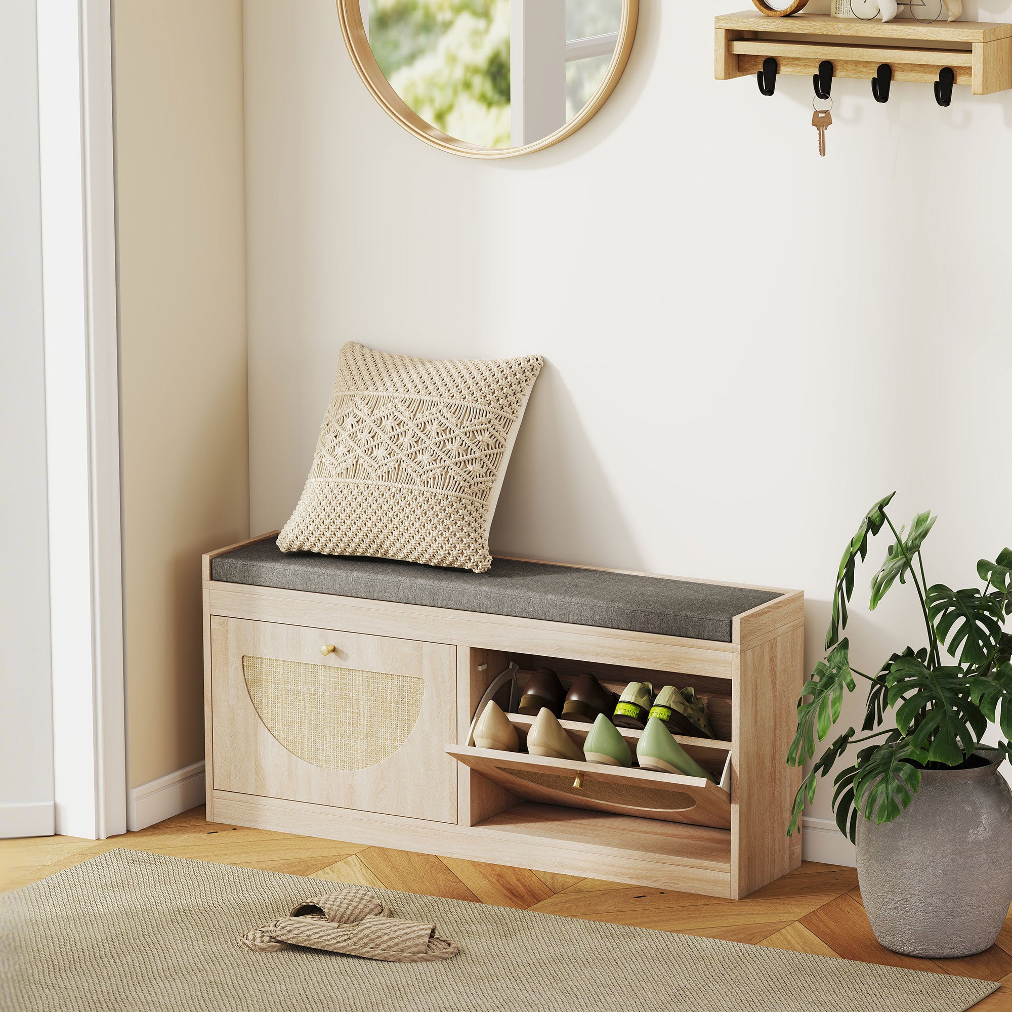 Shoe Storage Bench with Flip Rattan Doors, Removable Seat Cushion, Adjustable Shelves for 8 Pairs, Boho Entryway Bench for Bedroom, Living Room, Natural Wood