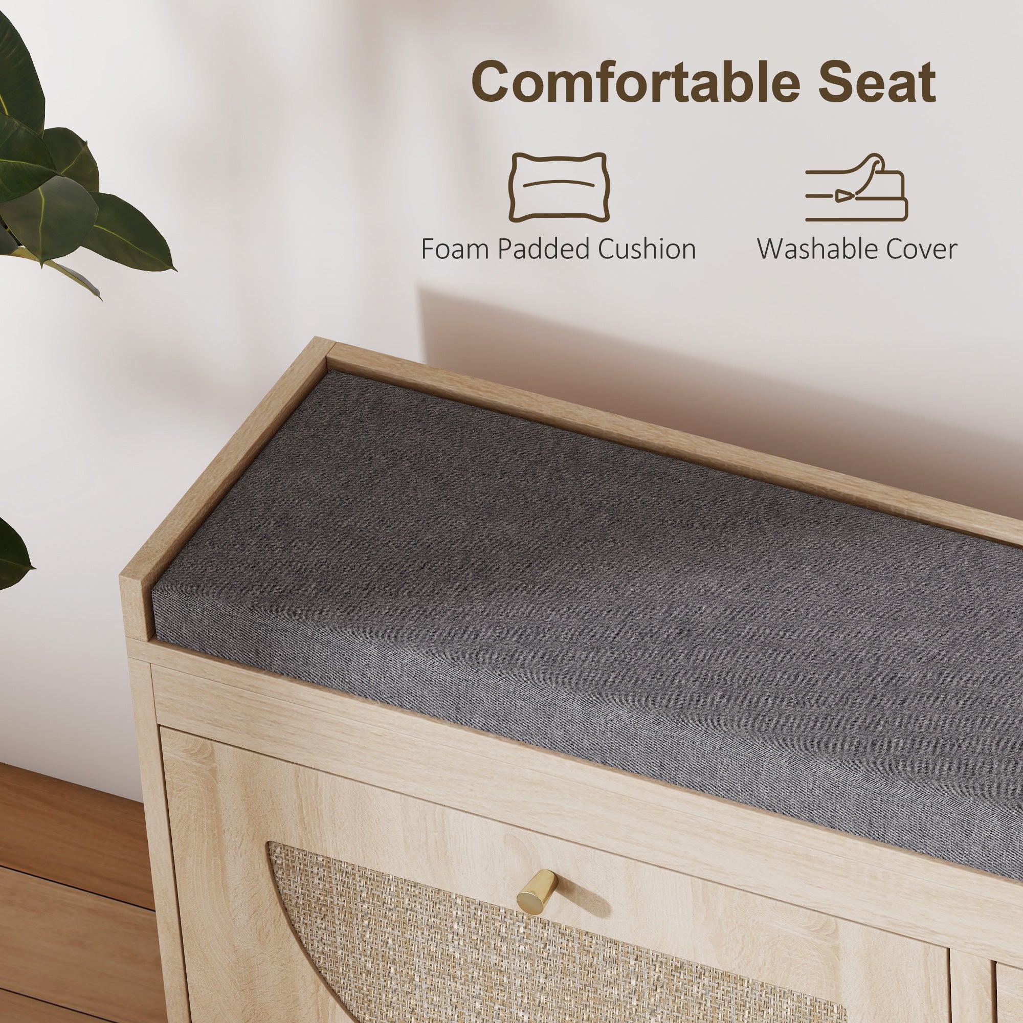 Shoe Storage Bench with Flip Rattan Doors, Removable Seat Cushion, Adjustable Shelves for 8 Pairs, Boho Entryway Bench for Bedroom, Living Room, Natural Wood