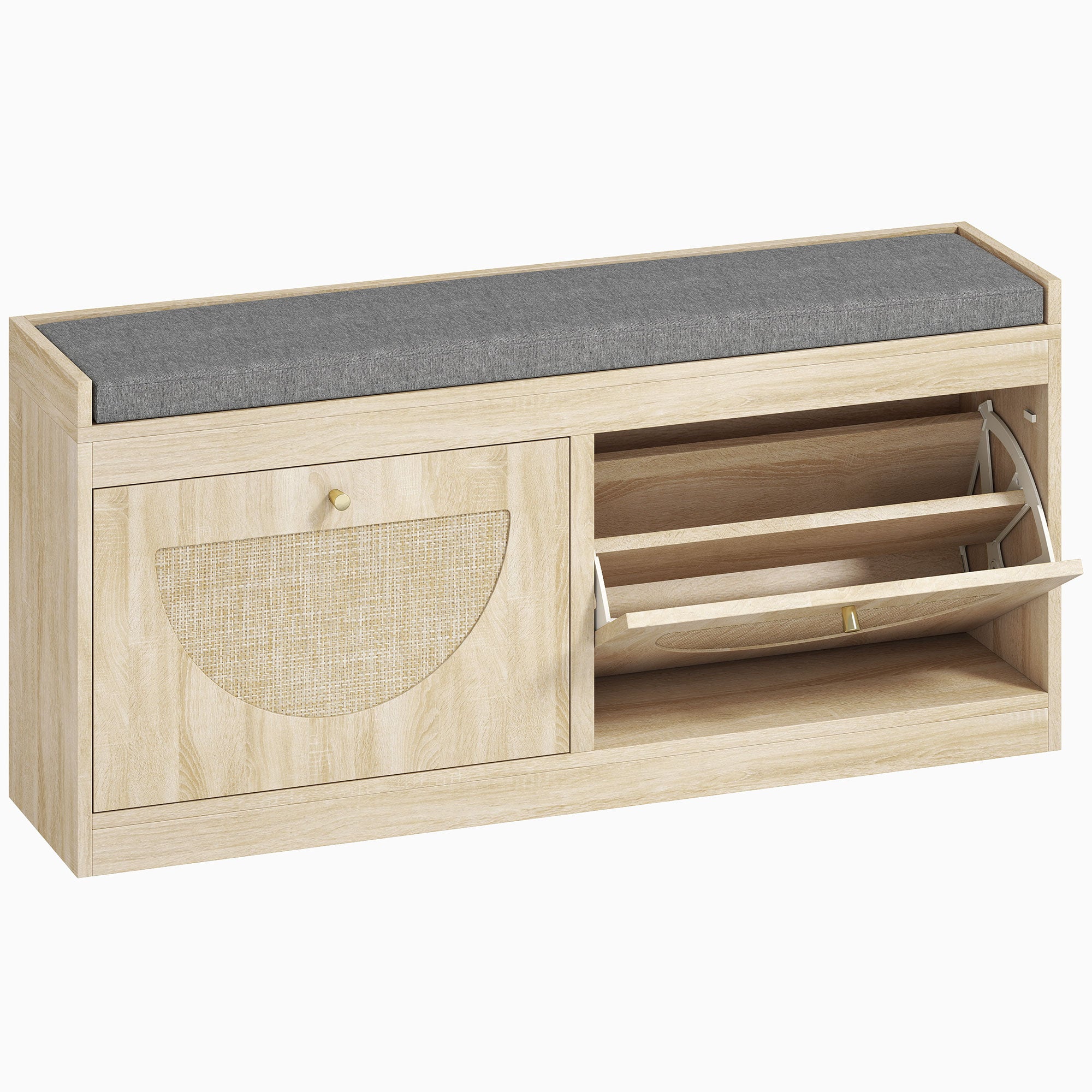 Shoe Storage Bench with Flip Rattan Doors, Removable Seat Cushion, Adjustable Shelves for 8 Pairs, Boho Entryway Bench for Bedroom, Living Room, Natural Wood
