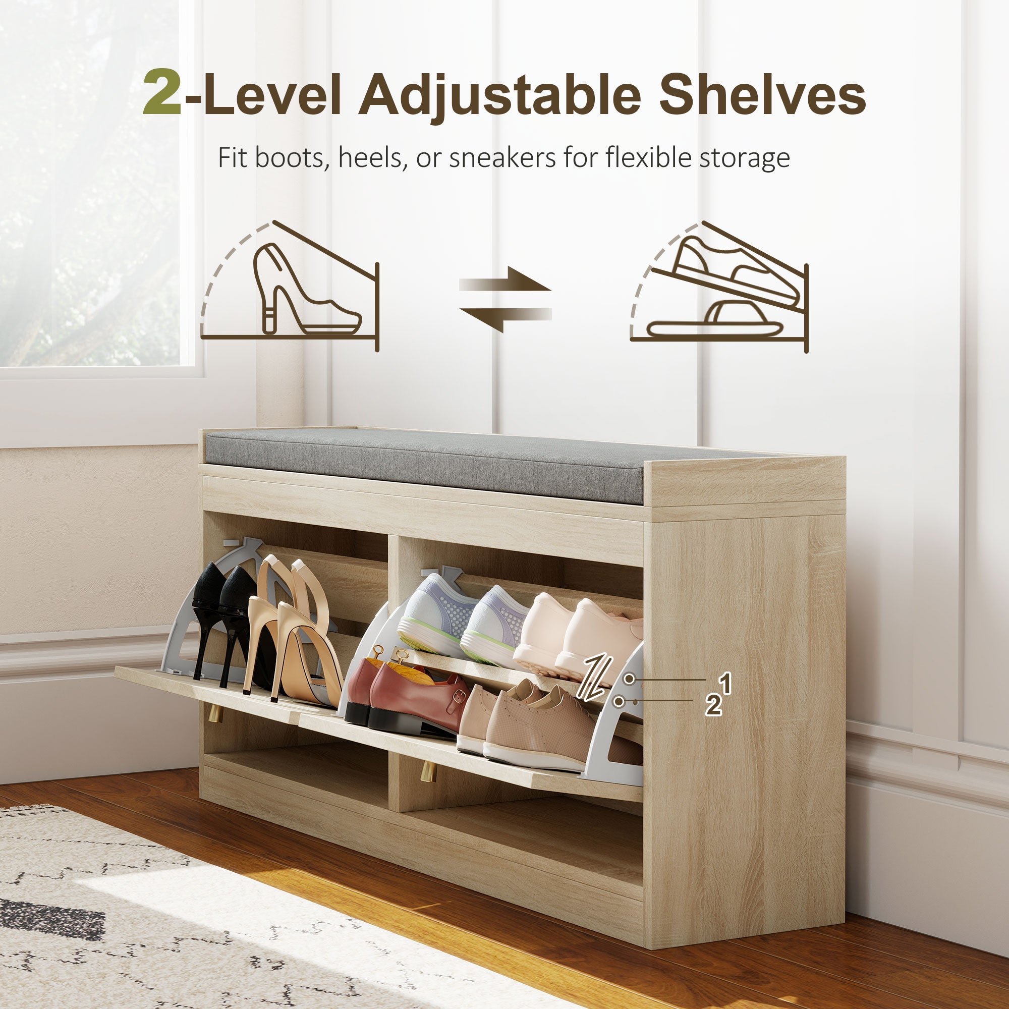 Shoe Storage Bench with Flip Rattan Doors, Removable Seat Cushion, Adjustable Shelves for 8 Pairs, Boho Entryway Bench for Bedroom, Living Room, Natural Wood