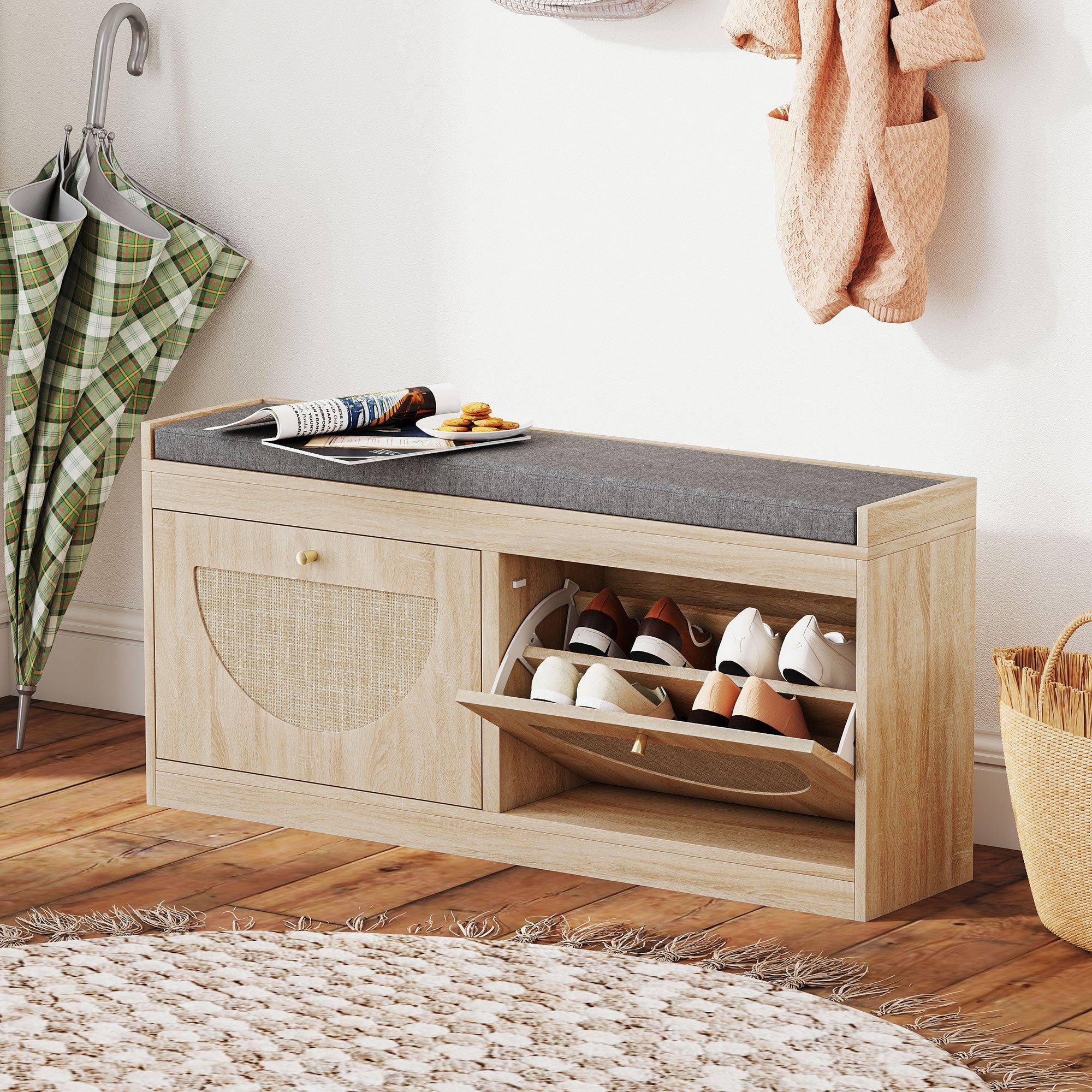 Shoe Storage Bench with Flip Rattan Doors, Removable Seat Cushion, Adjustable Shelves for 8 Pairs, Boho Entryway Bench for Bedroom, Living Room, Natural Wood