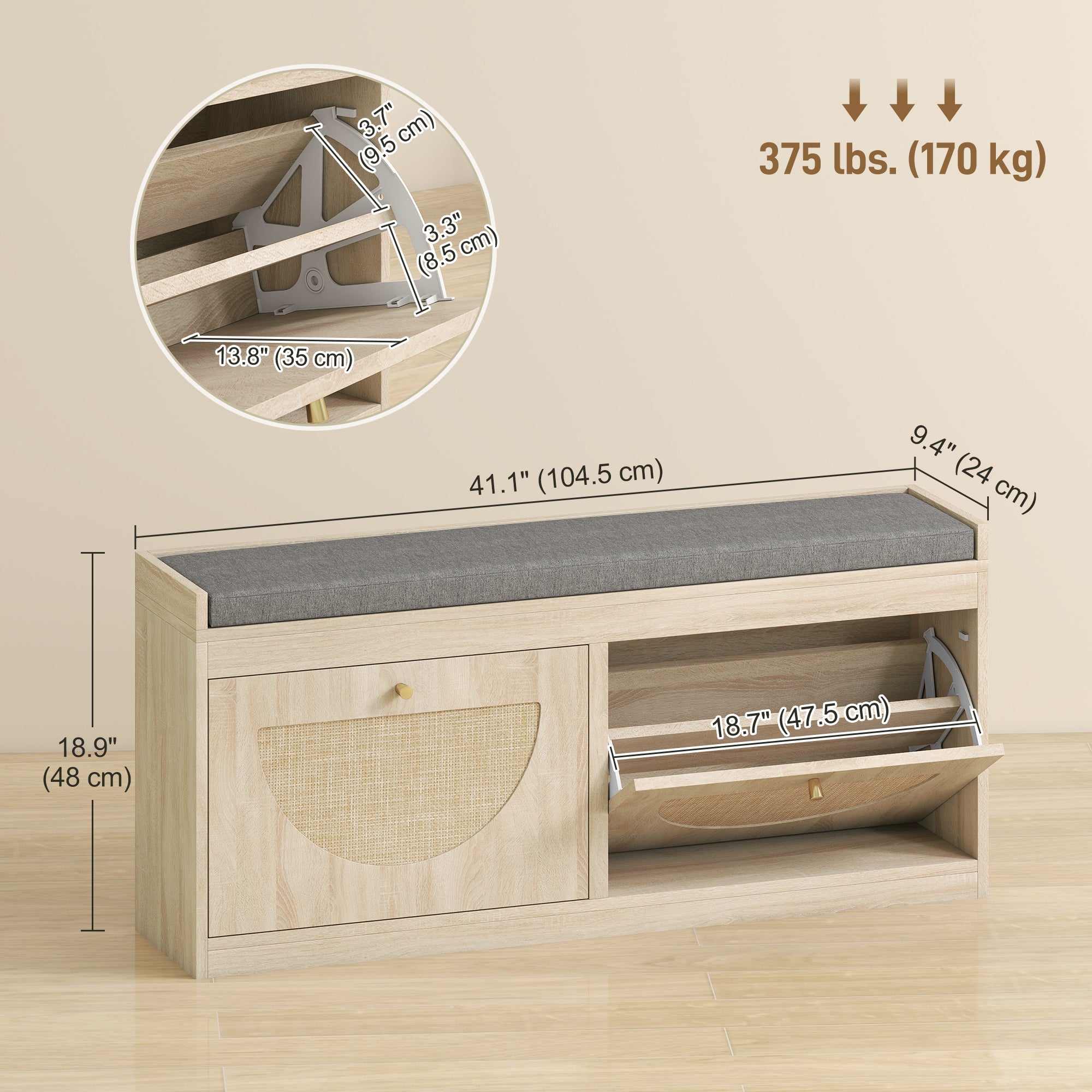 Shoe Storage Bench with Flip Rattan Doors, Removable Seat Cushion, Adjustable Shelves for 8 Pairs, Boho Entryway Bench for Bedroom, Living Room, Natural Wood