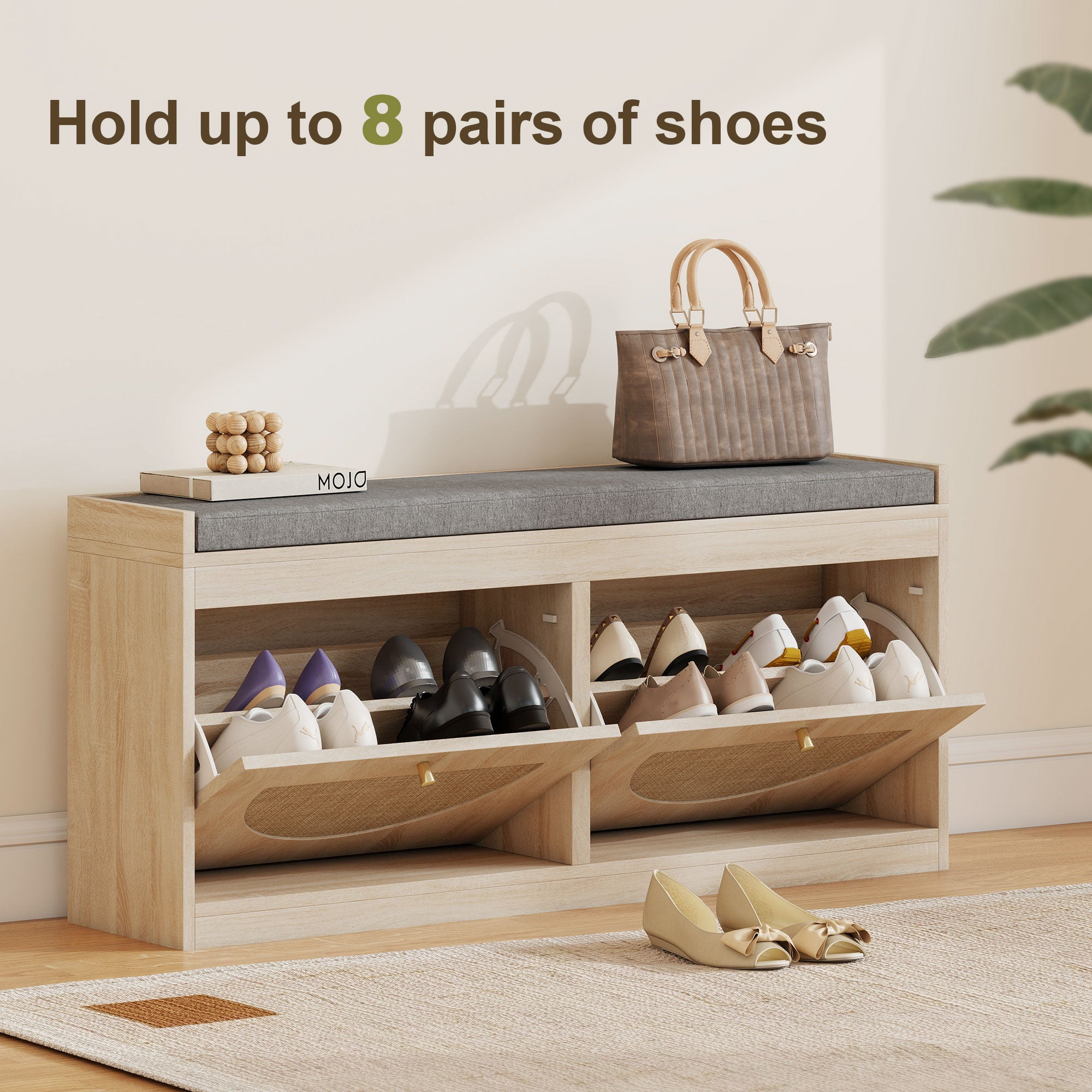 Shoe Storage Bench with Flip Rattan Doors, Removable Seat Cushion, Adjustable Shelves for 8 Pairs, Boho Entryway Bench for Bedroom, Living Room, Natural Wood