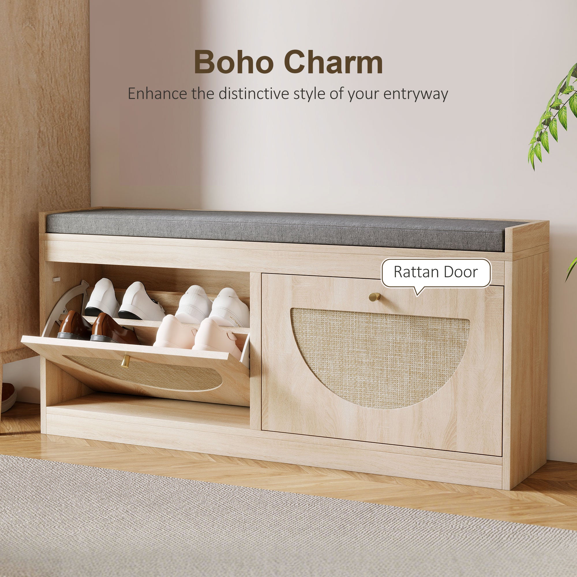 Shoe Storage Bench with Flip Rattan Doors, Removable Seat Cushion, Adjustable Shelves for 8 Pairs, Boho Entryway Bench for Bedroom, Living Room, Natural Wood