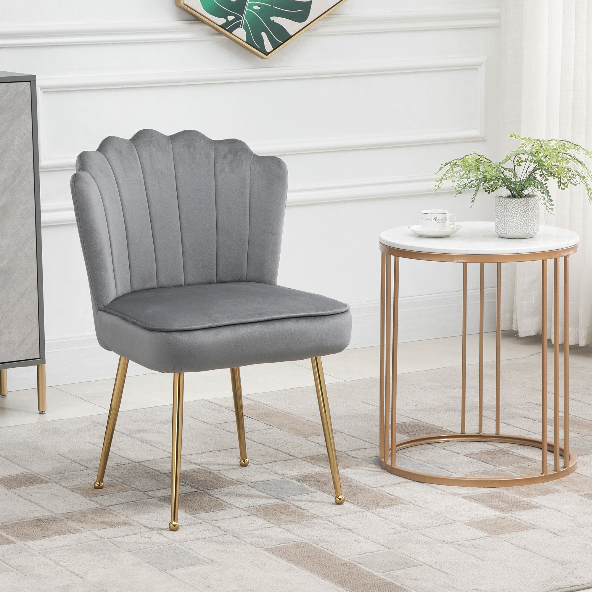 HOMCOM Shell Luxe Velvet Accent Chair with Gold-tone Metal Legs, Modern Vanity Chair for Living Room, Bedroom, Home Office, Grey