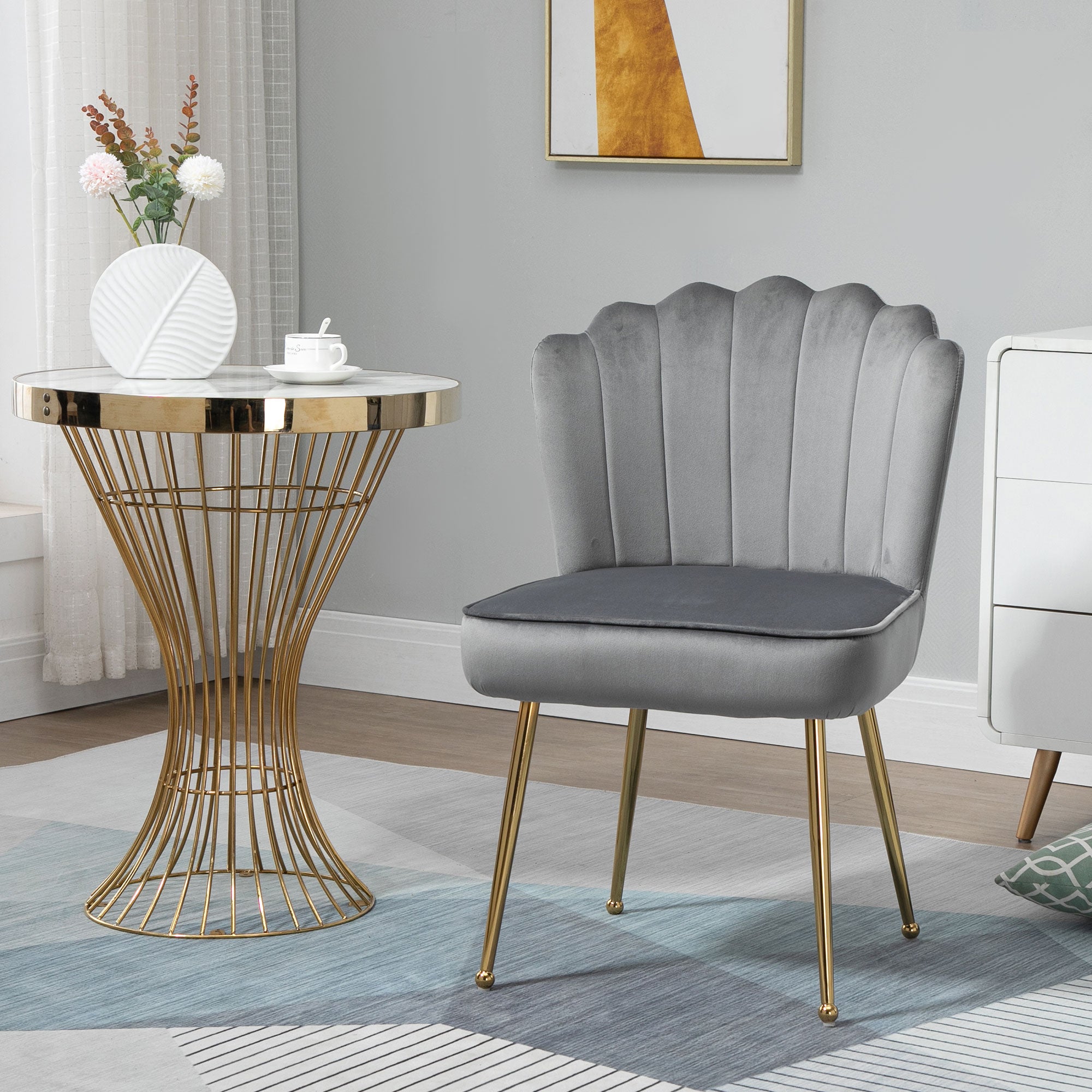 HOMCOM Shell Luxe Velvet Accent Chair with Gold-tone Metal Legs, Modern Vanity Chair for Living Room, Bedroom, Home Office, Grey