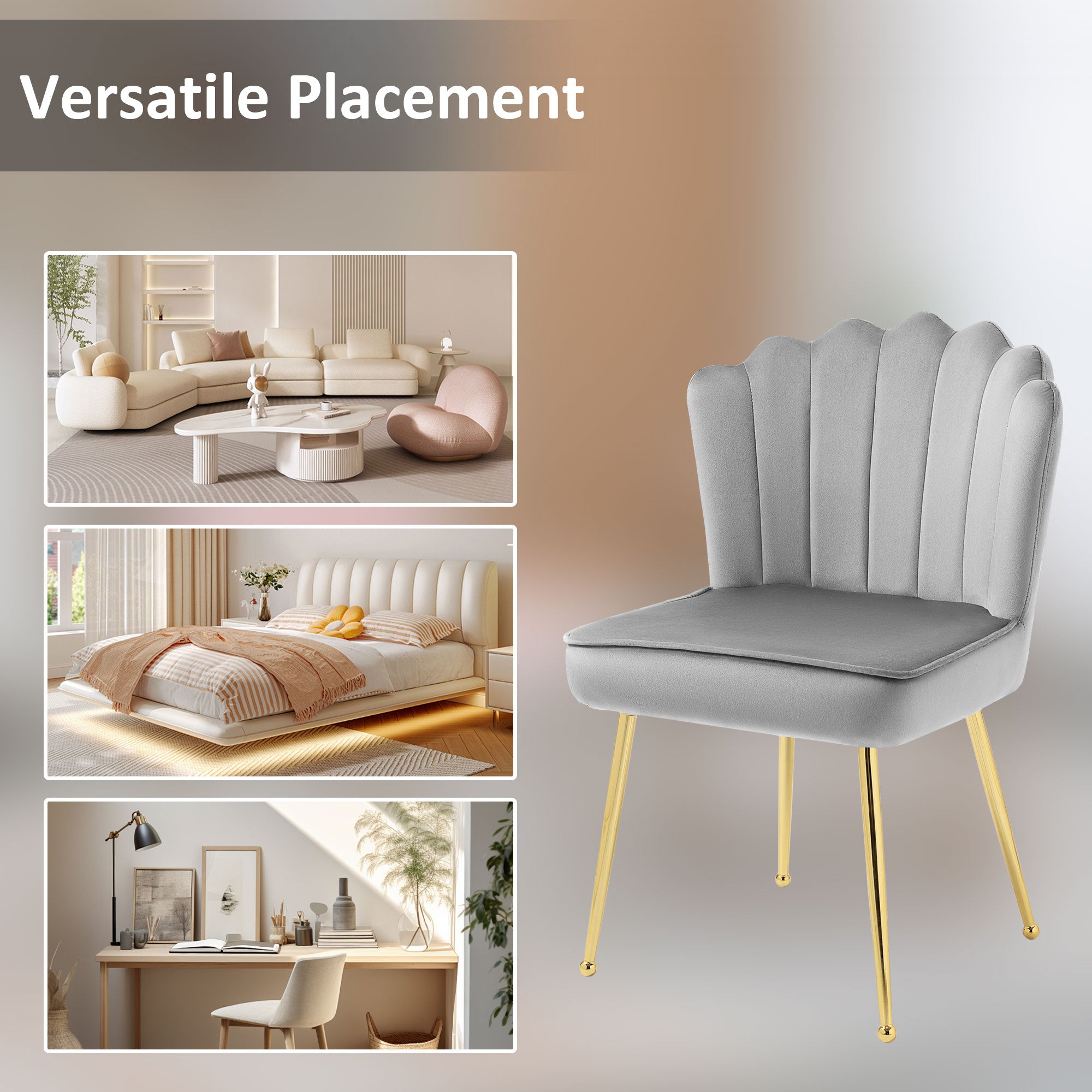 HOMCOM Shell Luxe Velvet Accent Chair with Gold-tone Metal Legs, Modern Vanity Chair for Living Room, Bedroom, Home Office, Grey