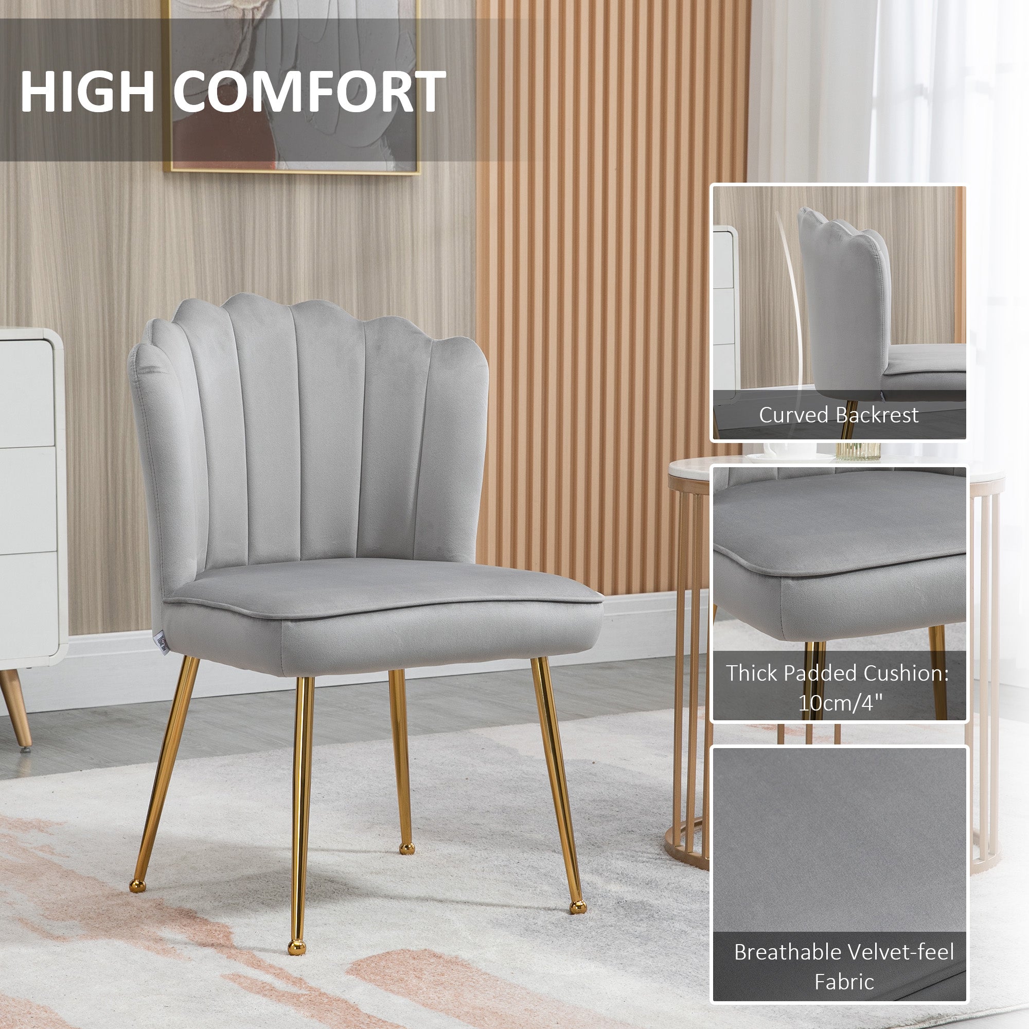 HOMCOM Shell Luxe Velvet Accent Chair with Gold-tone Metal Legs, Modern Vanity Chair for Living Room, Bedroom, Home Office, Grey
