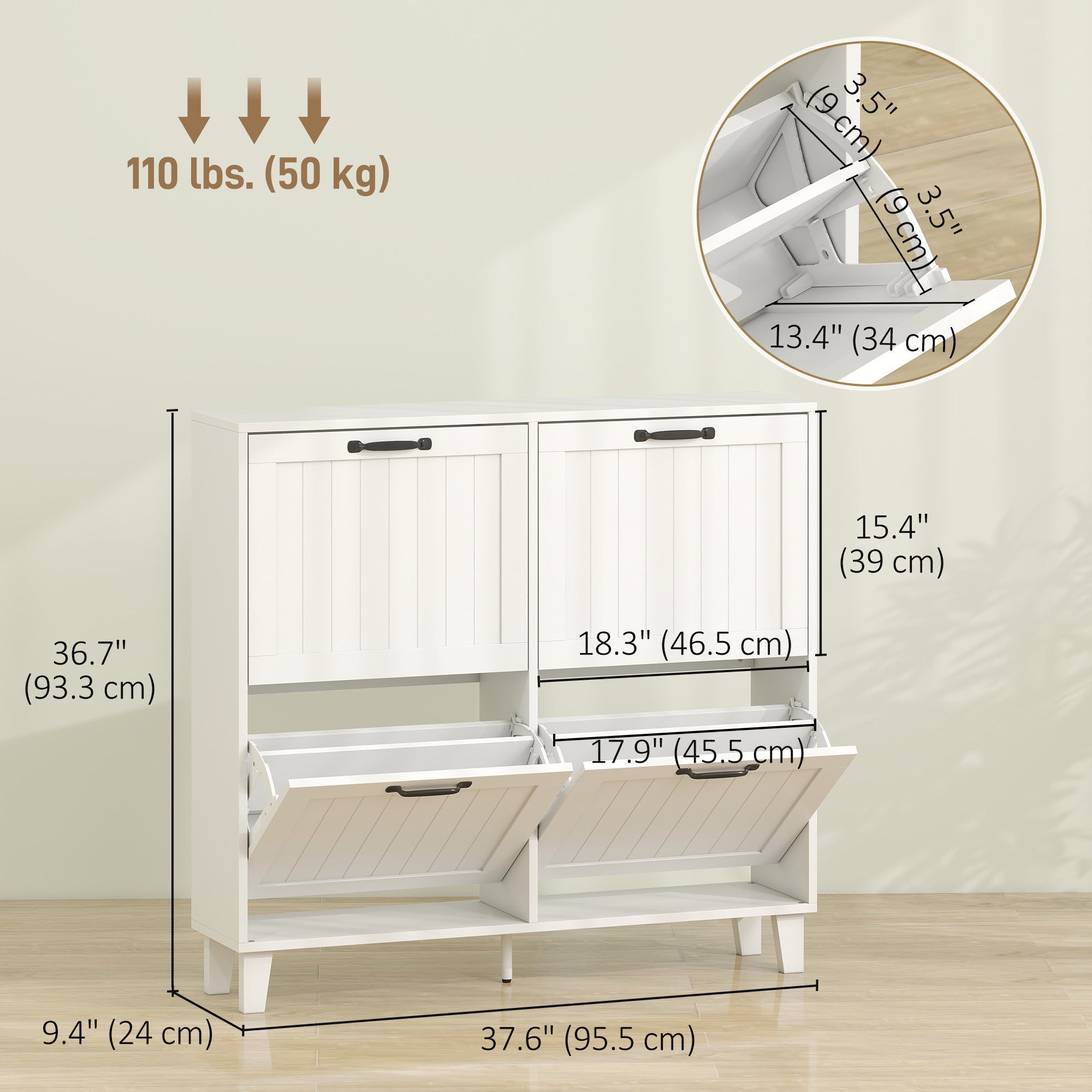 Shoe Cabinet with 4 Flip Drawers, Freestanding Narrow Shoe Storage Cabinet with Adjustable Shelves, Open Back, Bamboo Legs for Entryway, Hallway, Holds 16-20 Pairs, White