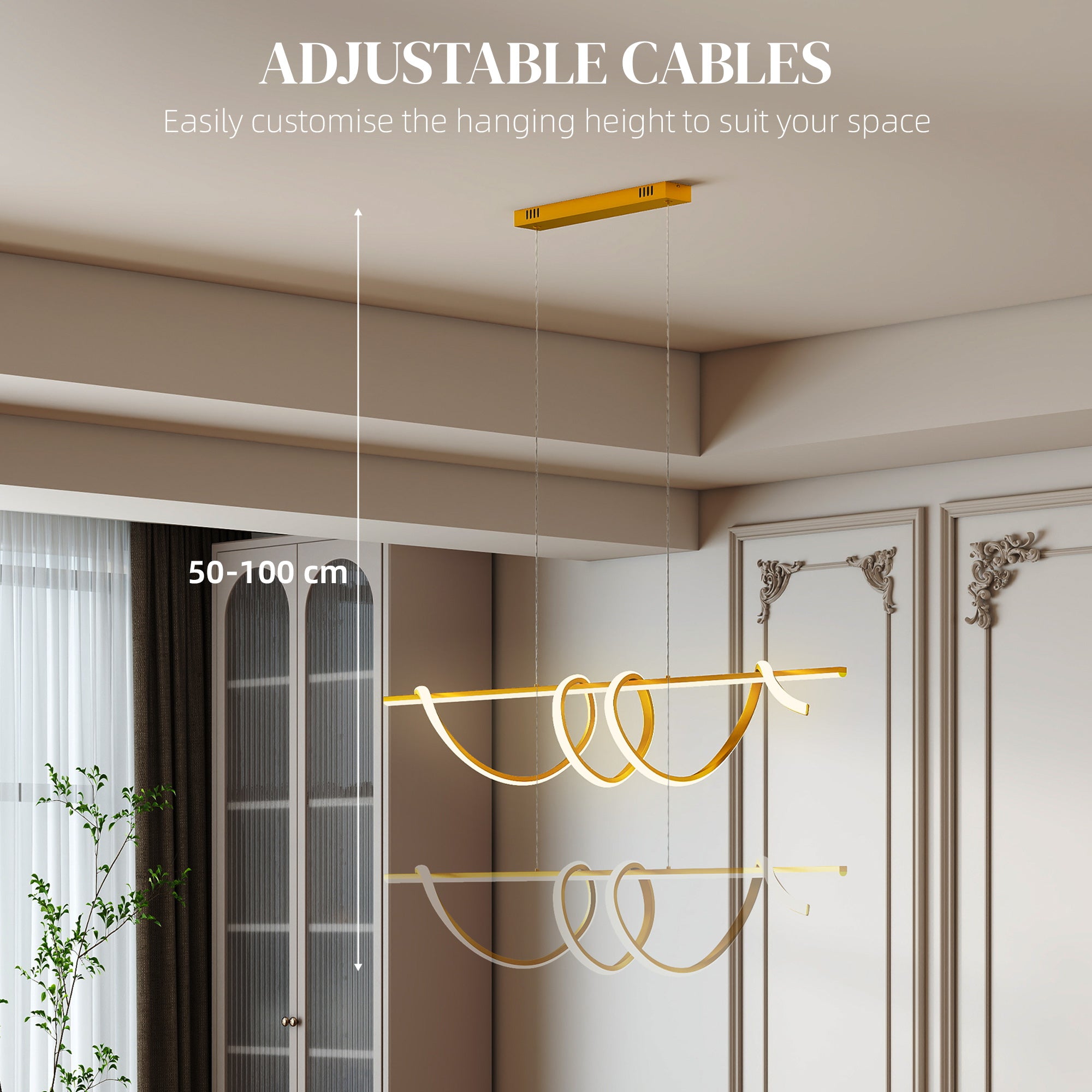 LED Pendant Light, Modern Ceiling Light with 3000K/4000K/6000K Temperatures, Adjustable Height Hanging Fixture with Wall Switch for Kitchen Island, Dining Room, Gold Tone