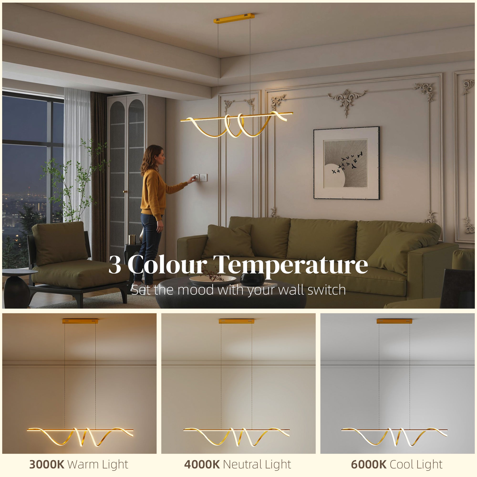 LED Pendant Light, Modern Ceiling Light with 3000K/4000K/6000K Temperatures, Adjustable Height Hanging Fixture with Wall Switch for Kitchen Island, Dining Room, Gold Tone