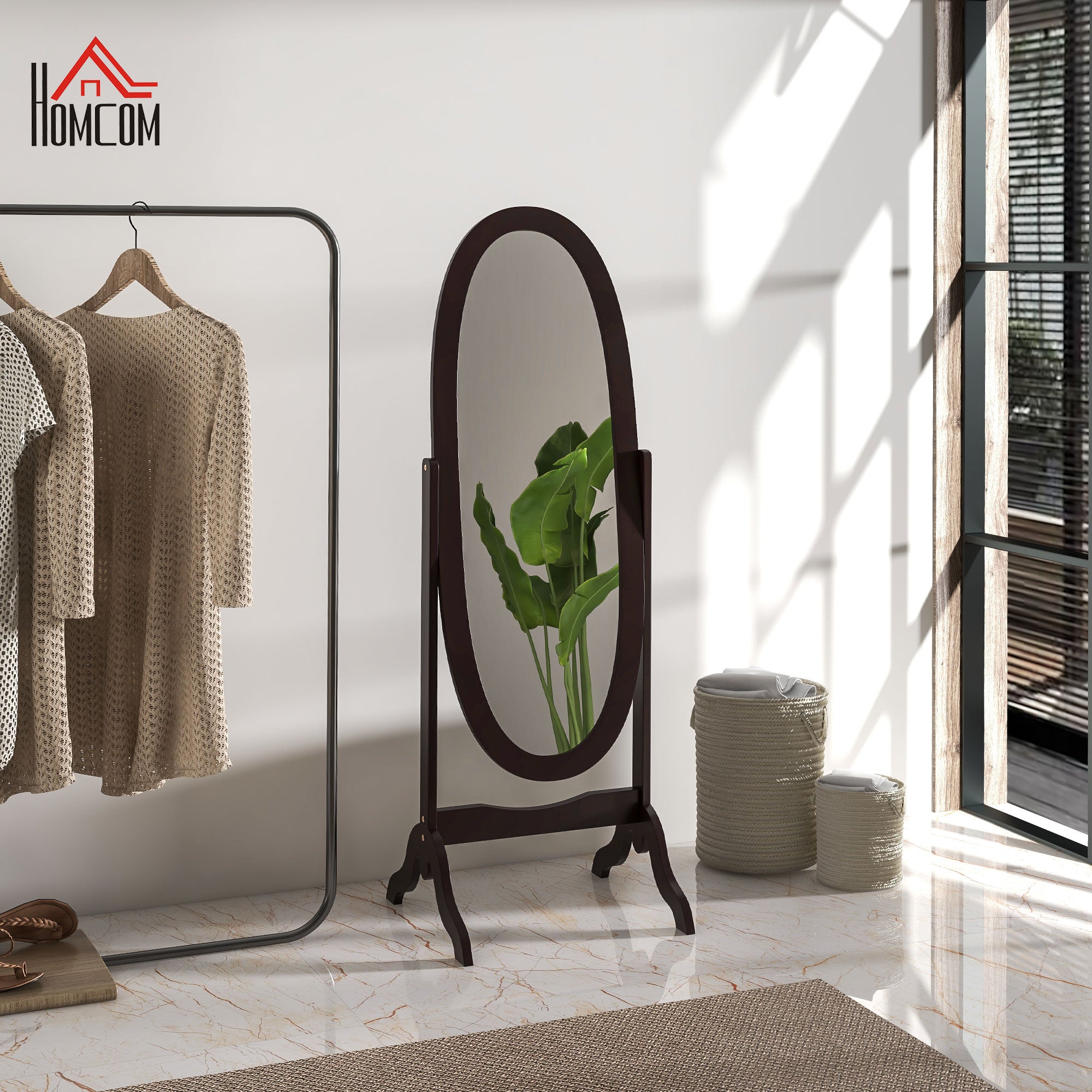 HOMCOM Full Length Mirror, Free Standing Mirror with Oval Frame, Adjustable Angle for Dressing Room, Bedroom, Living Room, Coffee