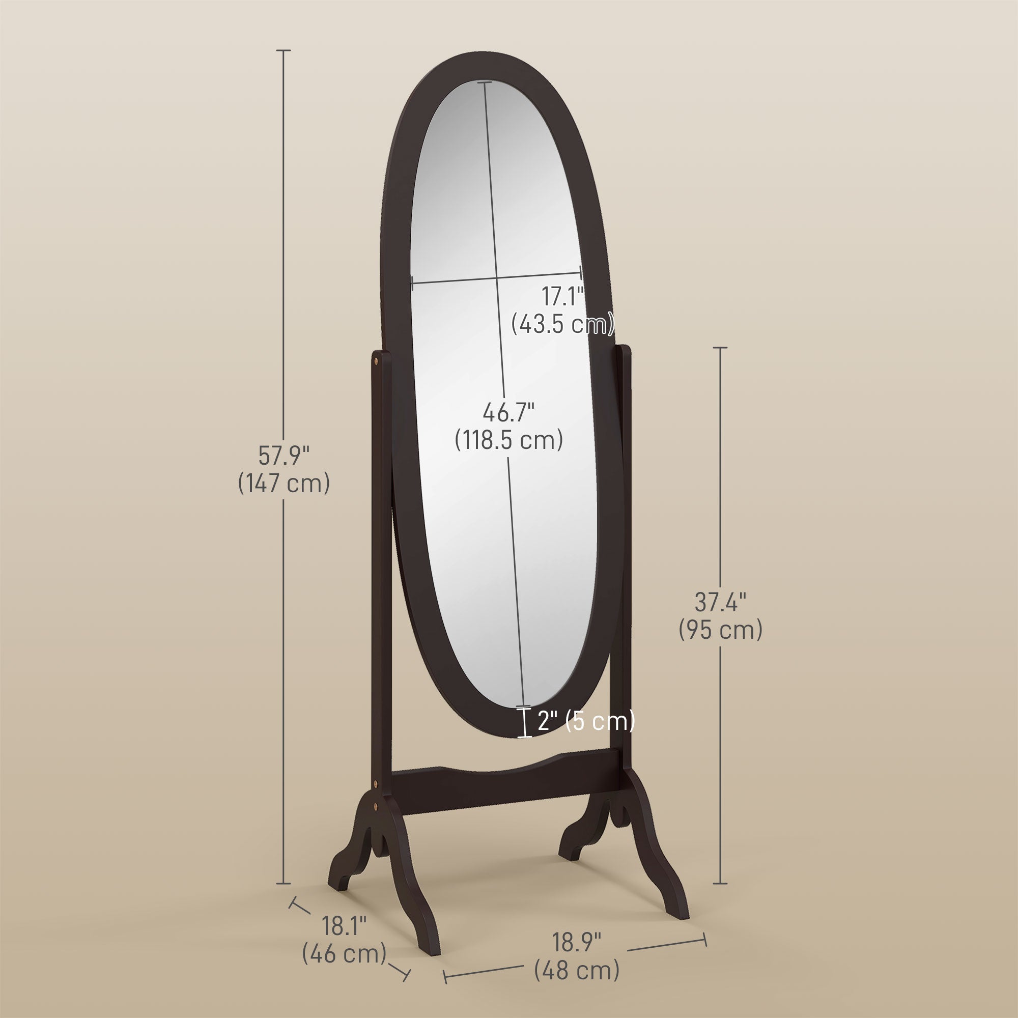 HOMCOM Full Length Mirror, Free Standing Mirror with Oval Frame, Adjustable Angle for Dressing Room, Bedroom, Living Room, Coffee