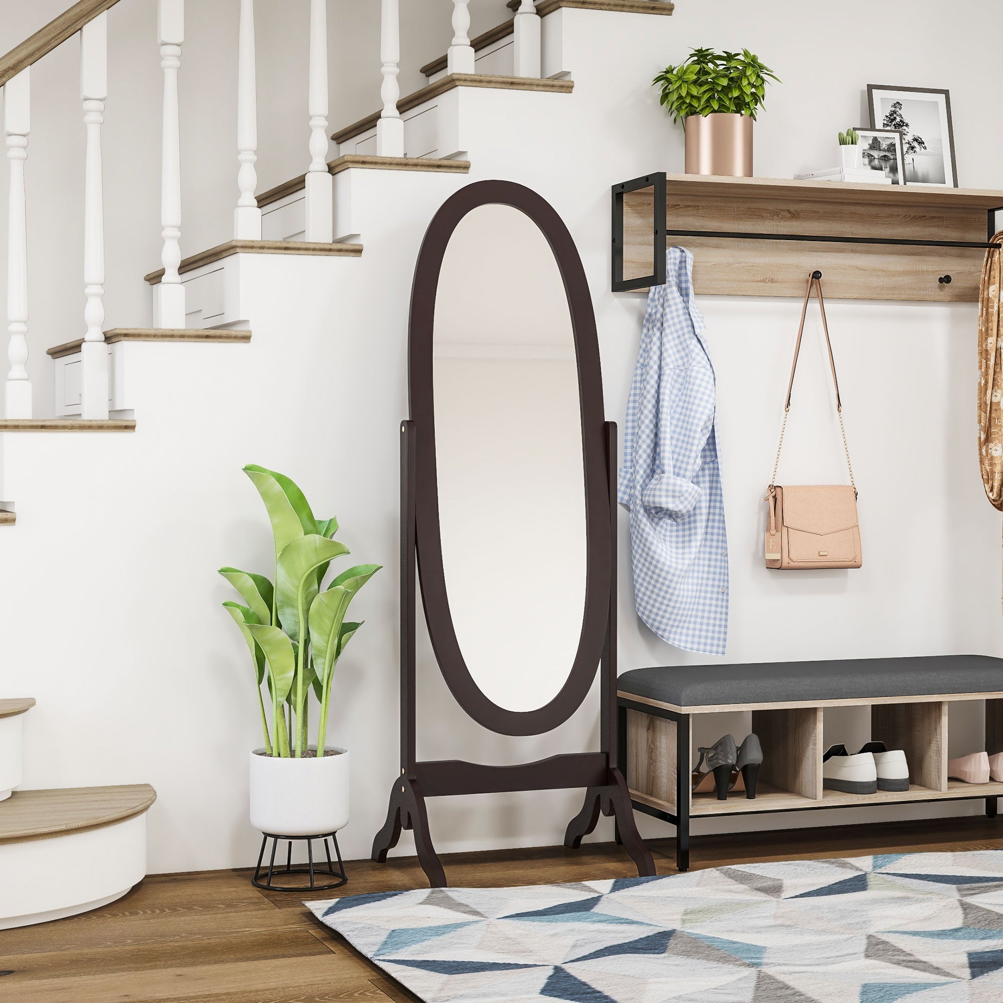 HOMCOM Full Length Mirror, Free Standing Mirror with Oval Frame, Adjustable Angle for Dressing Room, Bedroom, Living Room, Coffee