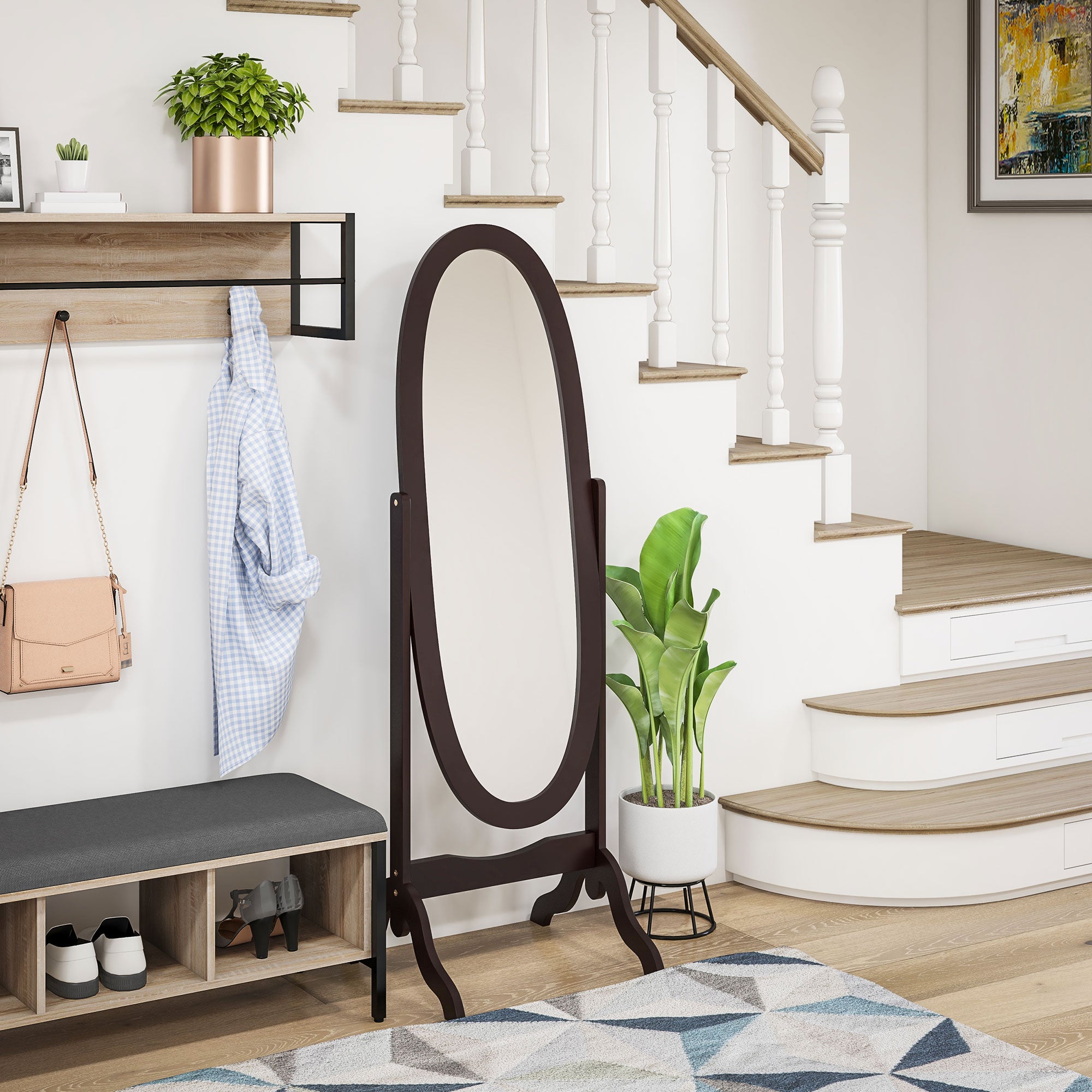 HOMCOM Full Length Mirror, Free Standing Mirror with Oval Frame, Adjustable Angle for Dressing Room, Bedroom, Living Room, Coffee