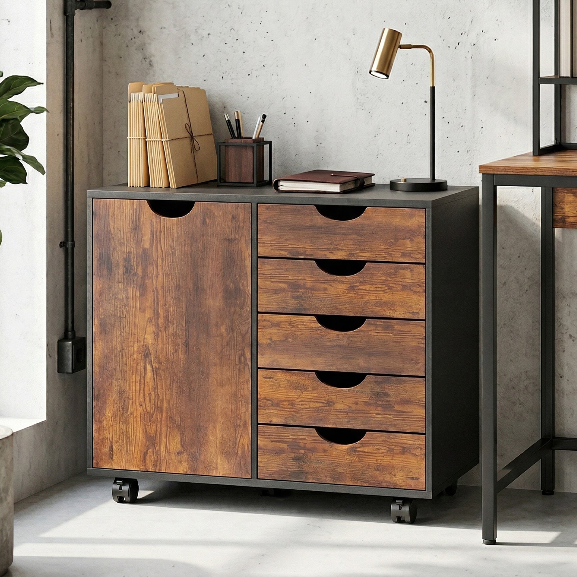 Lateral Office Storage Cabinet on Wheels, 5-Drawers Cabinet with Door and Adjustable Shelf for Home Office, Rustic Brown