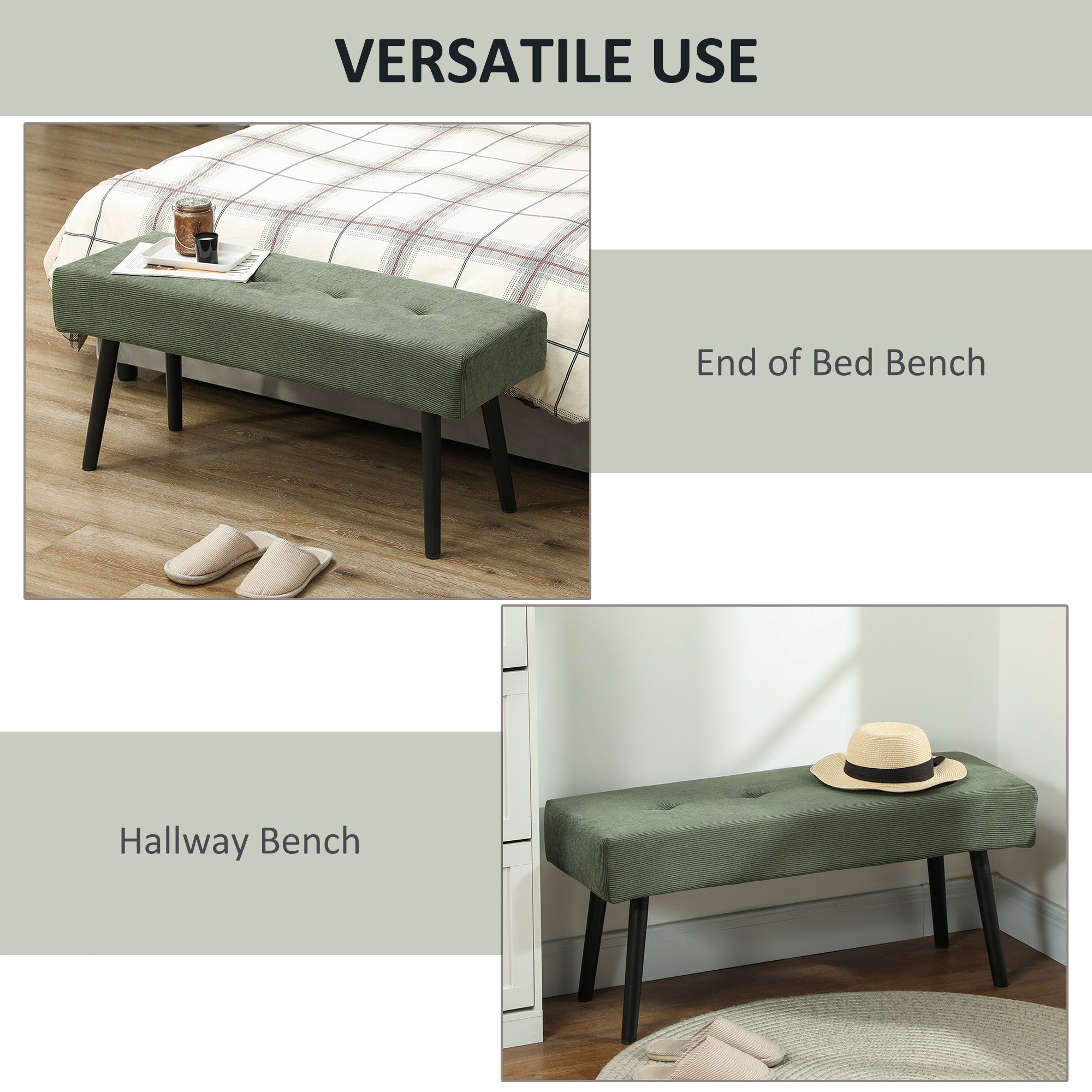 HOMCOM 39" Upholstered Entryway Bedroom Bench, Corduroy Ottoman Bench with Padded Seat and Steel Legs, Modern Tufted End of Bed Bench for Bedroom, Living Room, Hallway, Green