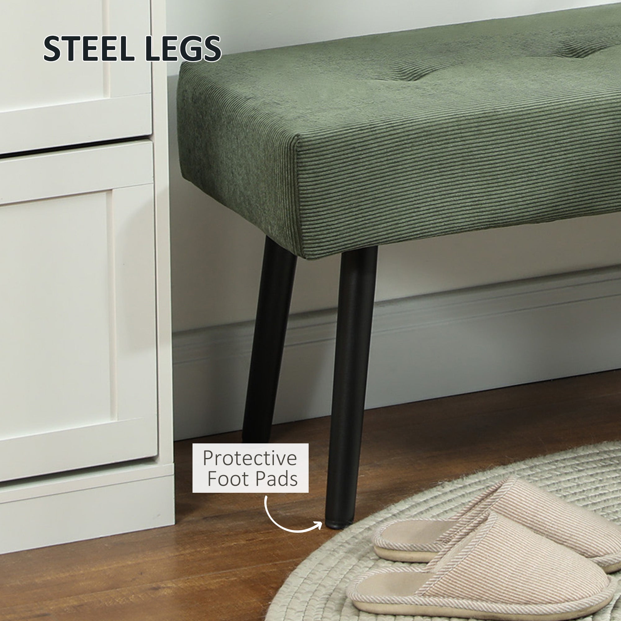 HOMCOM 39" Upholstered Entryway Bedroom Bench, Corduroy Ottoman Bench with Padded Seat and Steel Legs, Modern Tufted End of Bed Bench for Bedroom, Living Room, Hallway, Green