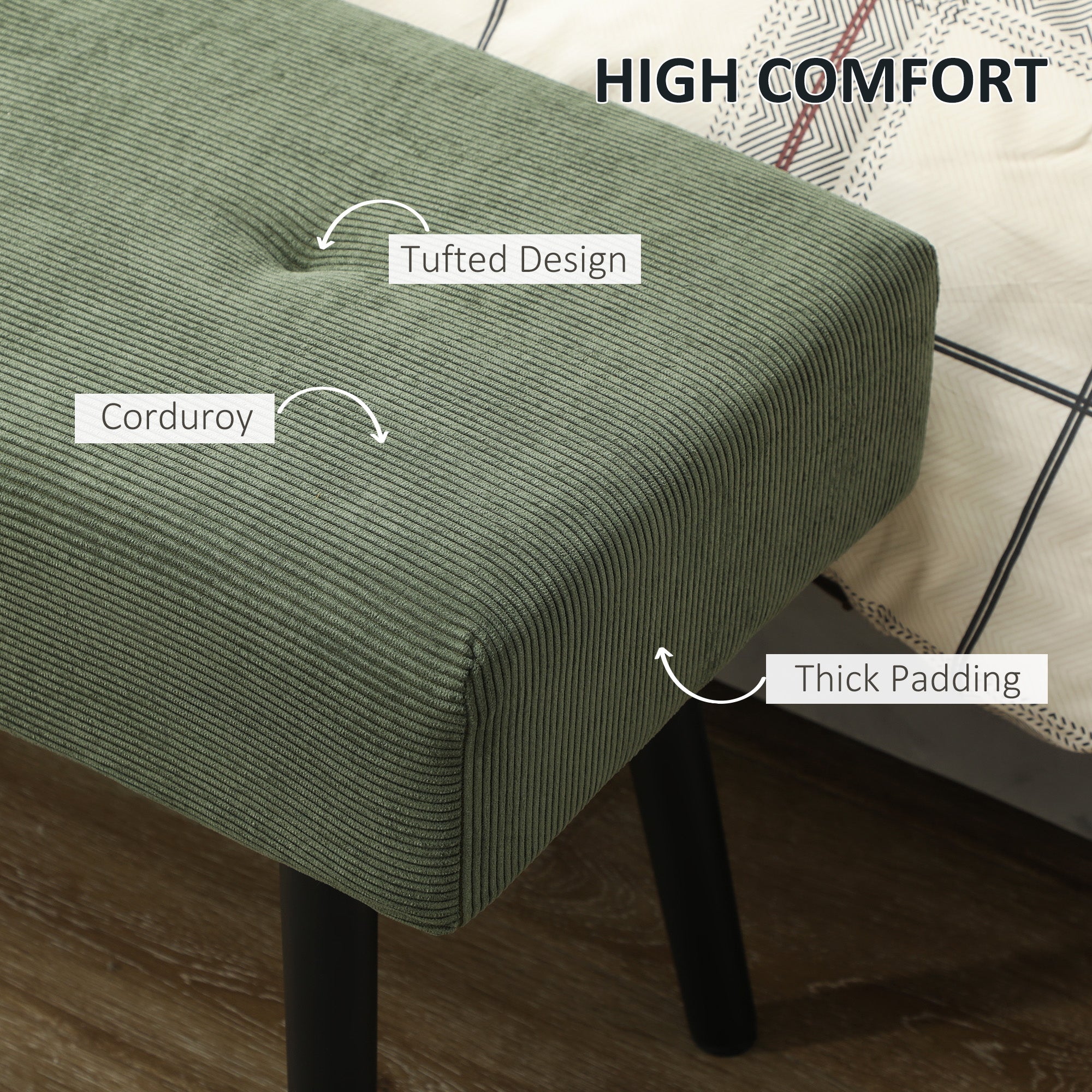 HOMCOM 39" Upholstered Entryway Bedroom Bench, Corduroy Ottoman Bench with Padded Seat and Steel Legs, Modern Tufted End of Bed Bench for Bedroom, Living Room, Hallway, Green