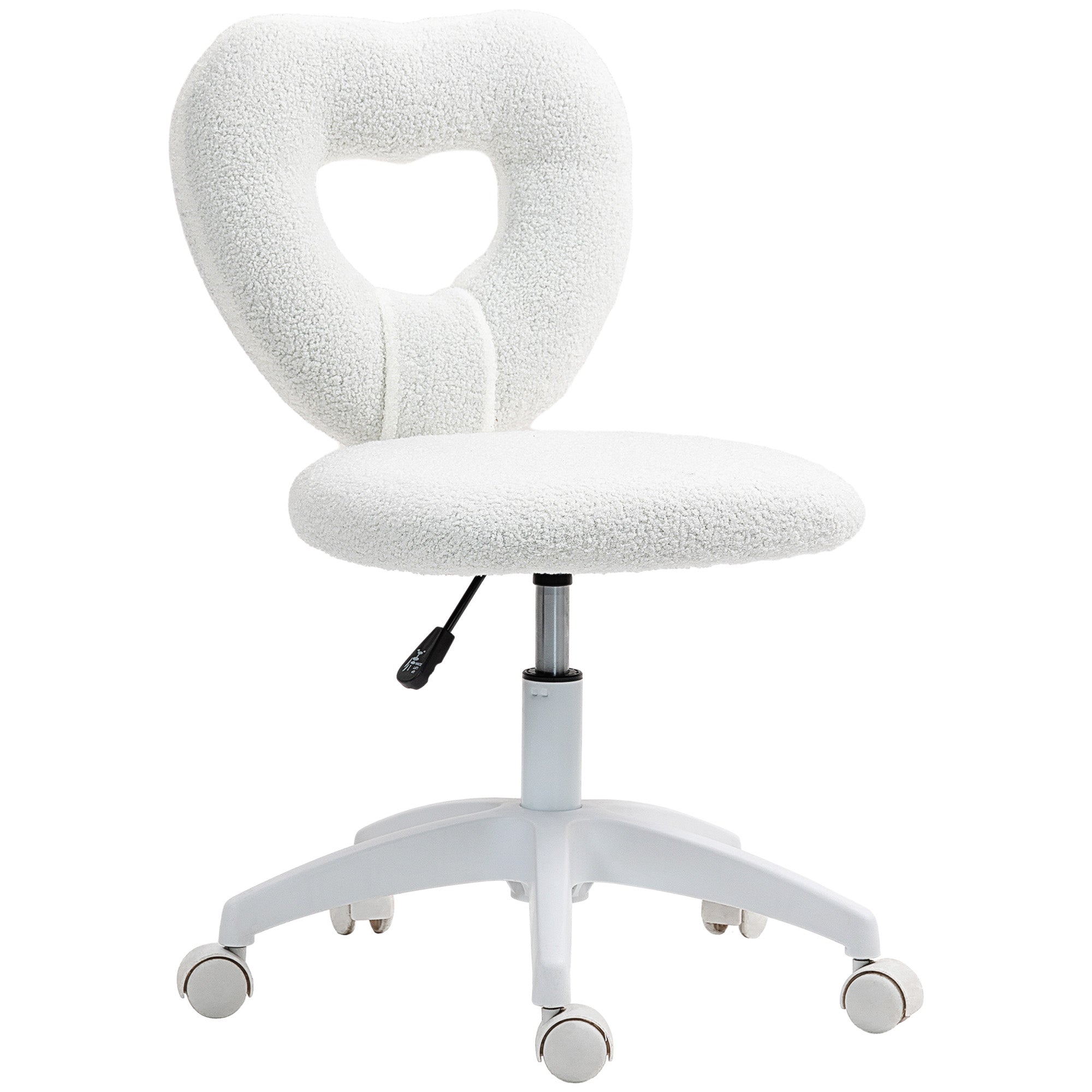 HOMCOM Armless Home Office Desk Chair, Height Adjustable Computer Task Chair, Modern Teddy Fleece Heart Makeup Vanity Chair with Swivel Wheels, White