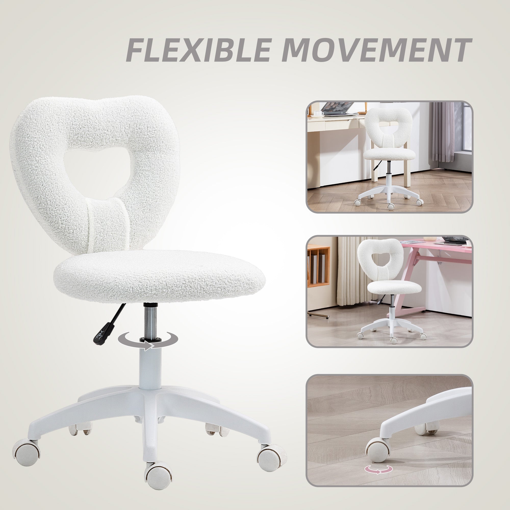 HOMCOM Armless Home Office Desk Chair, Height Adjustable Computer Task Chair, Modern Teddy Fleece Heart Makeup Vanity Chair with Swivel Wheels, White