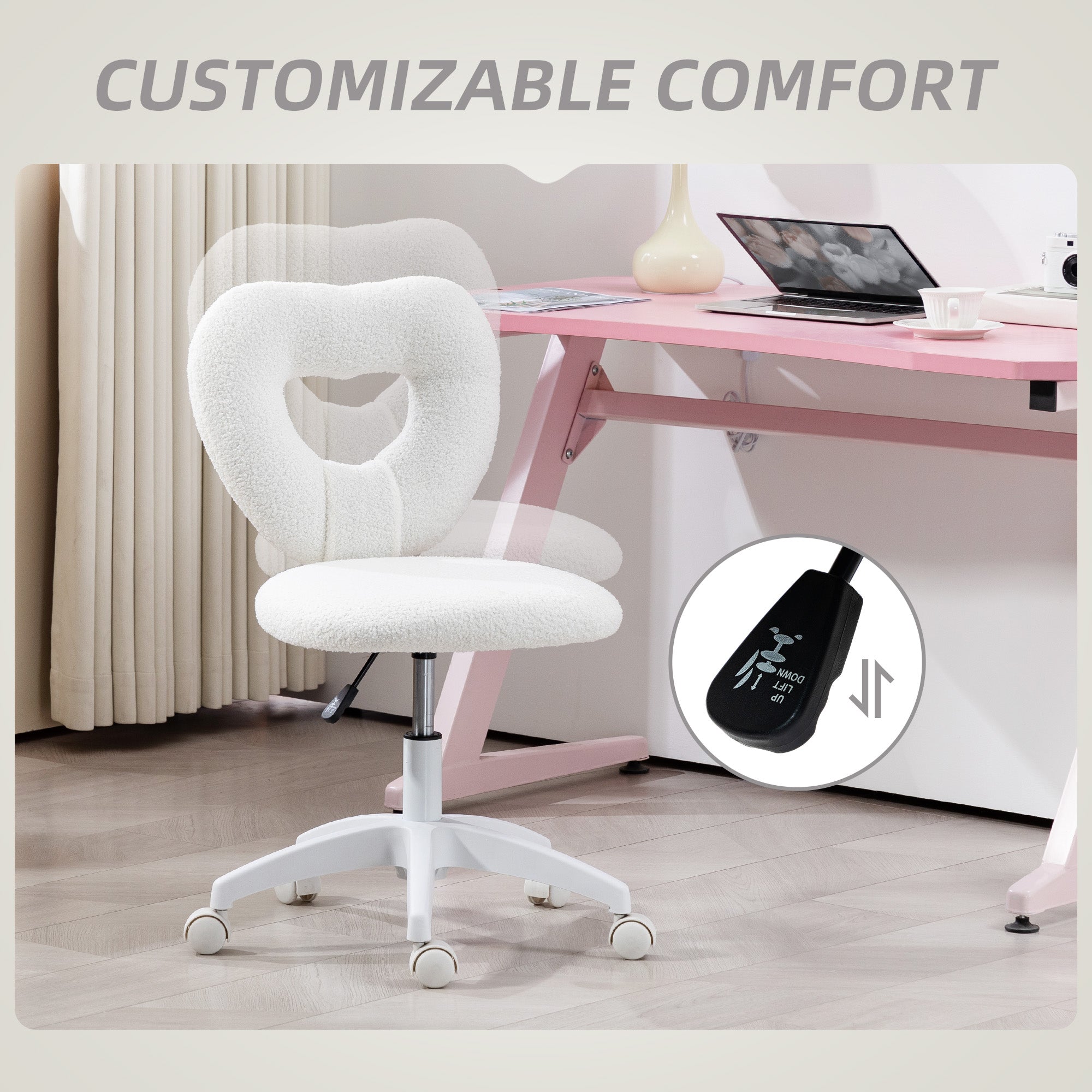 HOMCOM Armless Home Office Desk Chair, Height Adjustable Computer Task Chair, Modern Teddy Fleece Heart Makeup Vanity Chair with Swivel Wheels, White