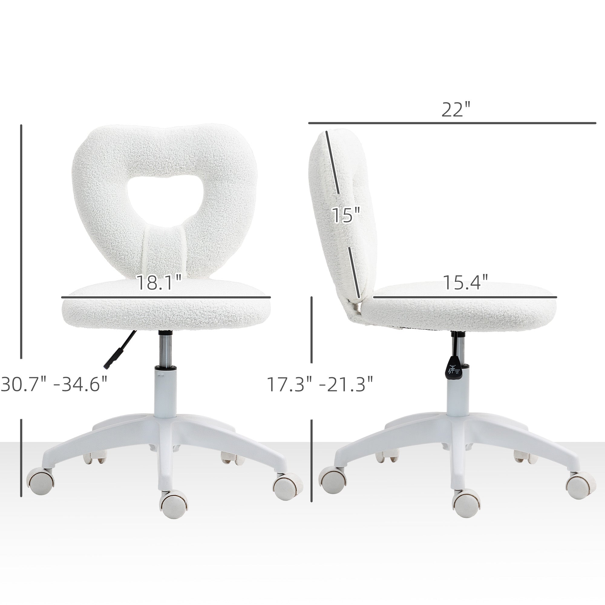 HOMCOM Armless Home Office Desk Chair, Height Adjustable Computer Task Chair, Modern Teddy Fleece Heart Makeup Vanity Chair with Swivel Wheels, White