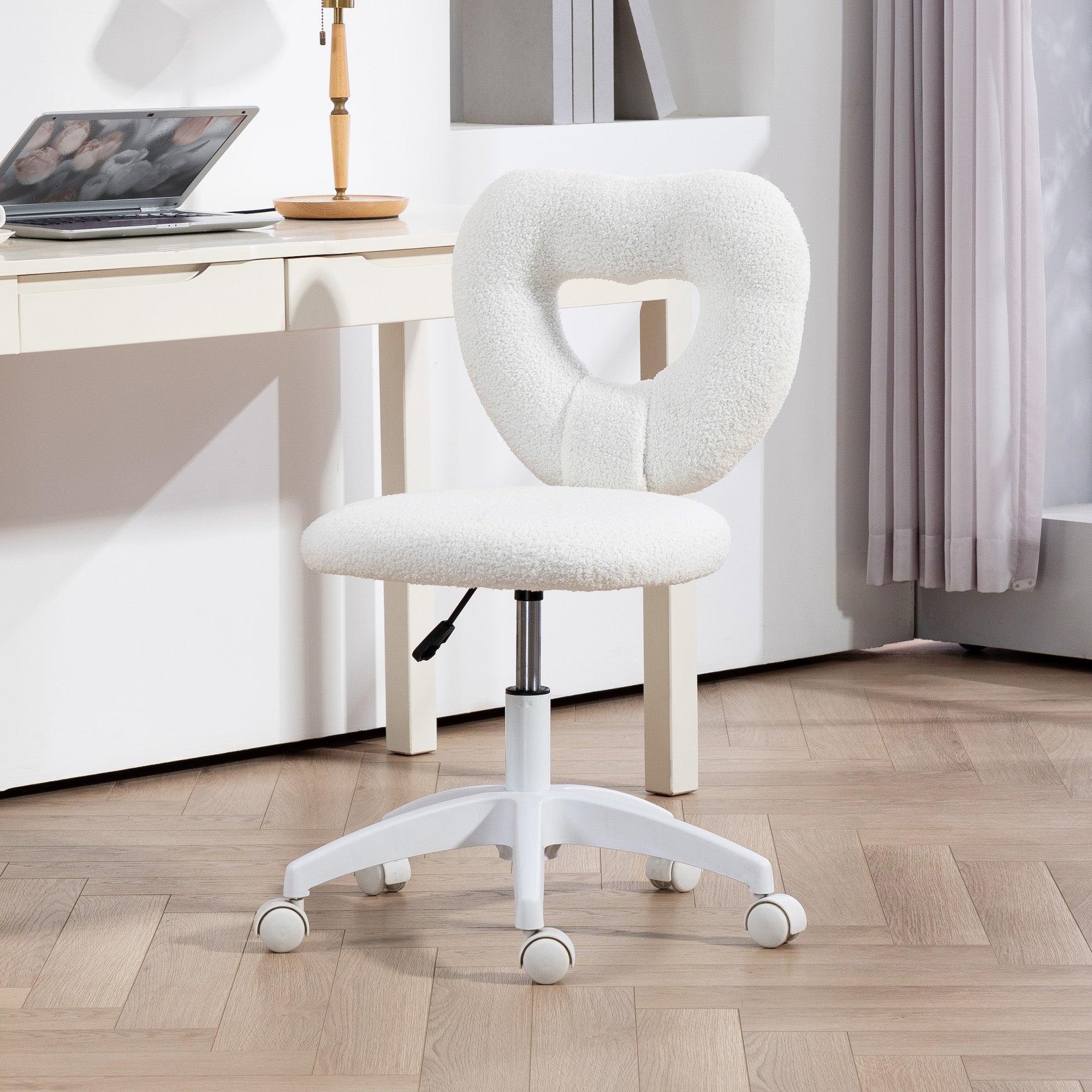 HOMCOM Armless Home Office Desk Chair, Height Adjustable Computer Task Chair, Modern Teddy Fleece Heart Makeup Vanity Chair with Swivel Wheels, White