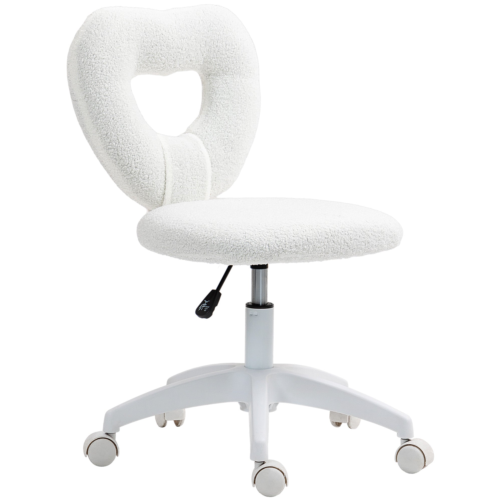 HOMCOM Armless Home Office Desk Chair, Height Adjustable Computer Task Chair, Modern Teddy Fleece Heart Makeup Vanity Chair with Swivel Wheels, White