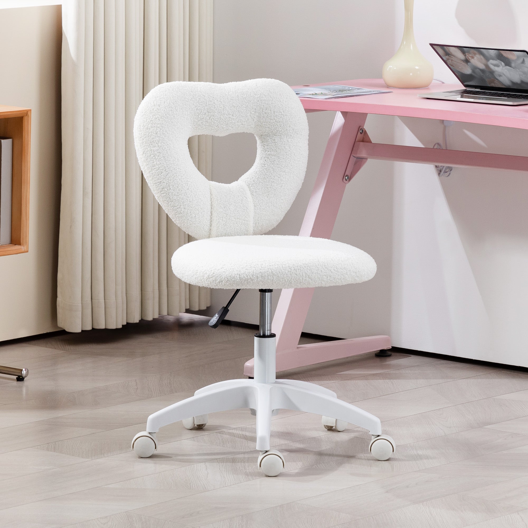 HOMCOM Armless Home Office Desk Chair, Height Adjustable Computer Task Chair, Modern Teddy Fleece Heart Makeup Vanity Chair with Swivel Wheels, White