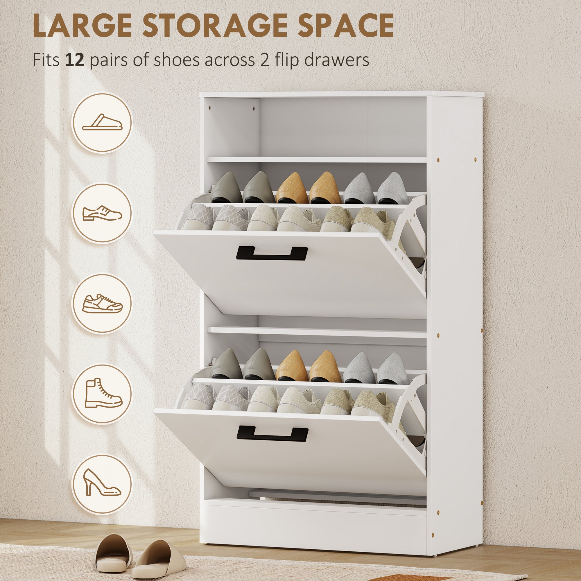 Shoe Cabinet with 2 Flip Drawers and Open Shelf, Narrow Shoe Storage Cabinet with Adjustable Dividers, Entryway Shoe Storage Unit for up to 12 Pairs for Hallway, White